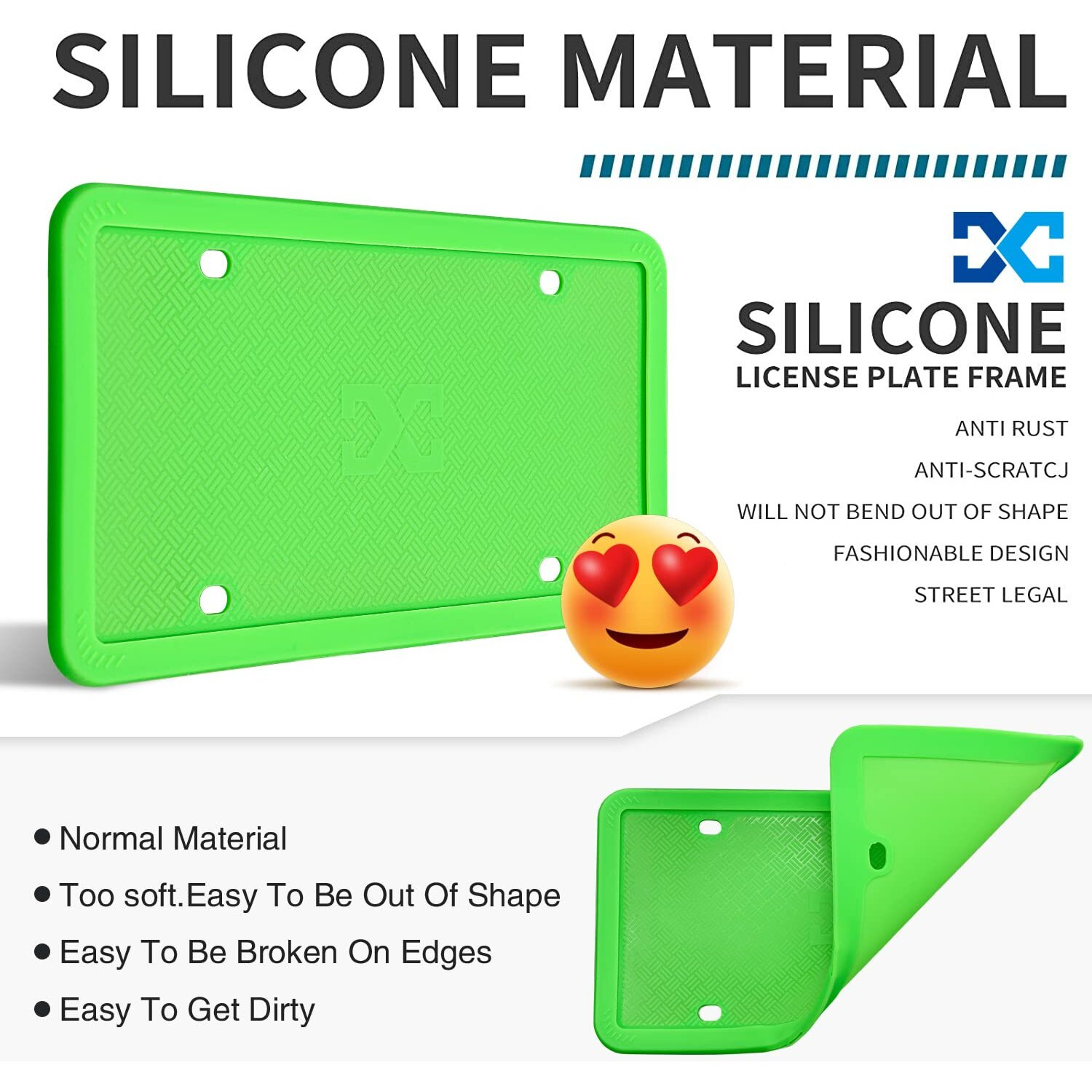 Xclpf Silicone Green License Plate Frame Covers 2 Pack- Front And Back Car Plate Bracket Holders. Rust-Proof  Rattle-Proof  Weather-Proof (Green)