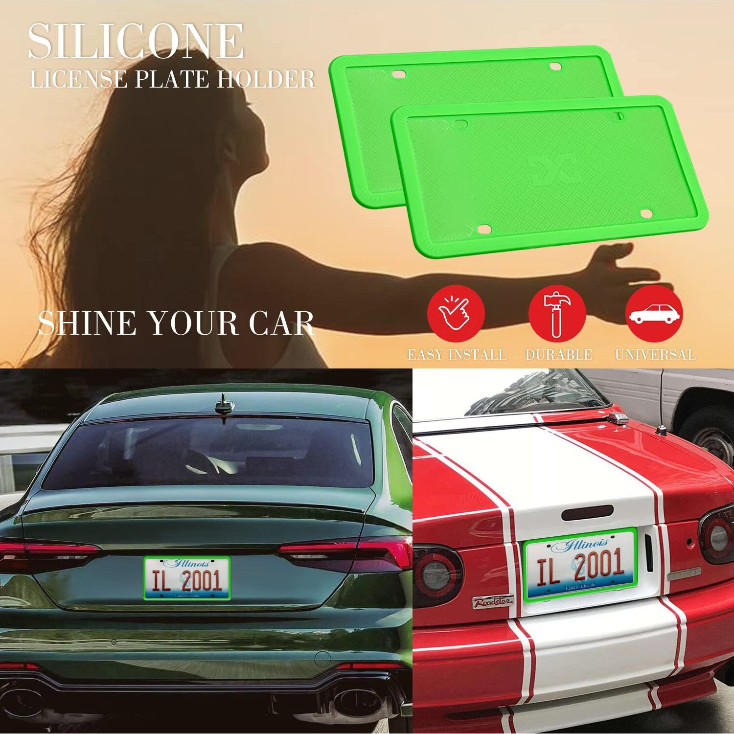 Xclpf Silicone Green License Plate Frame Covers 2 Pack- Front And Back Car Plate Bracket Holders. Rust-Proof  Rattle-Proof  Weather-Proof (Green)