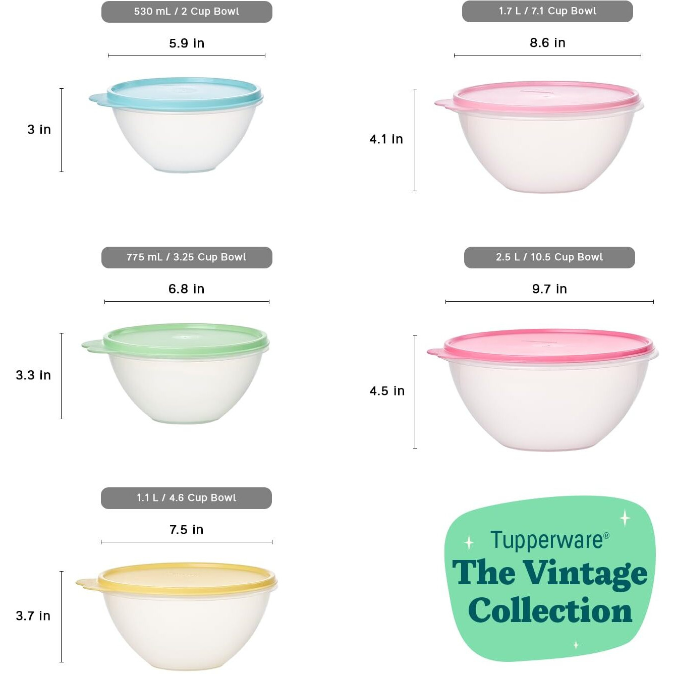 Tupperware Heritage Wonderlier 10 Piece Food Storage Bowl Set In Vintage Colors- Dishwasher Safe & Bpa Free - (5 Containers + 5 Lids)  Wonderlier 5-Bowl Set