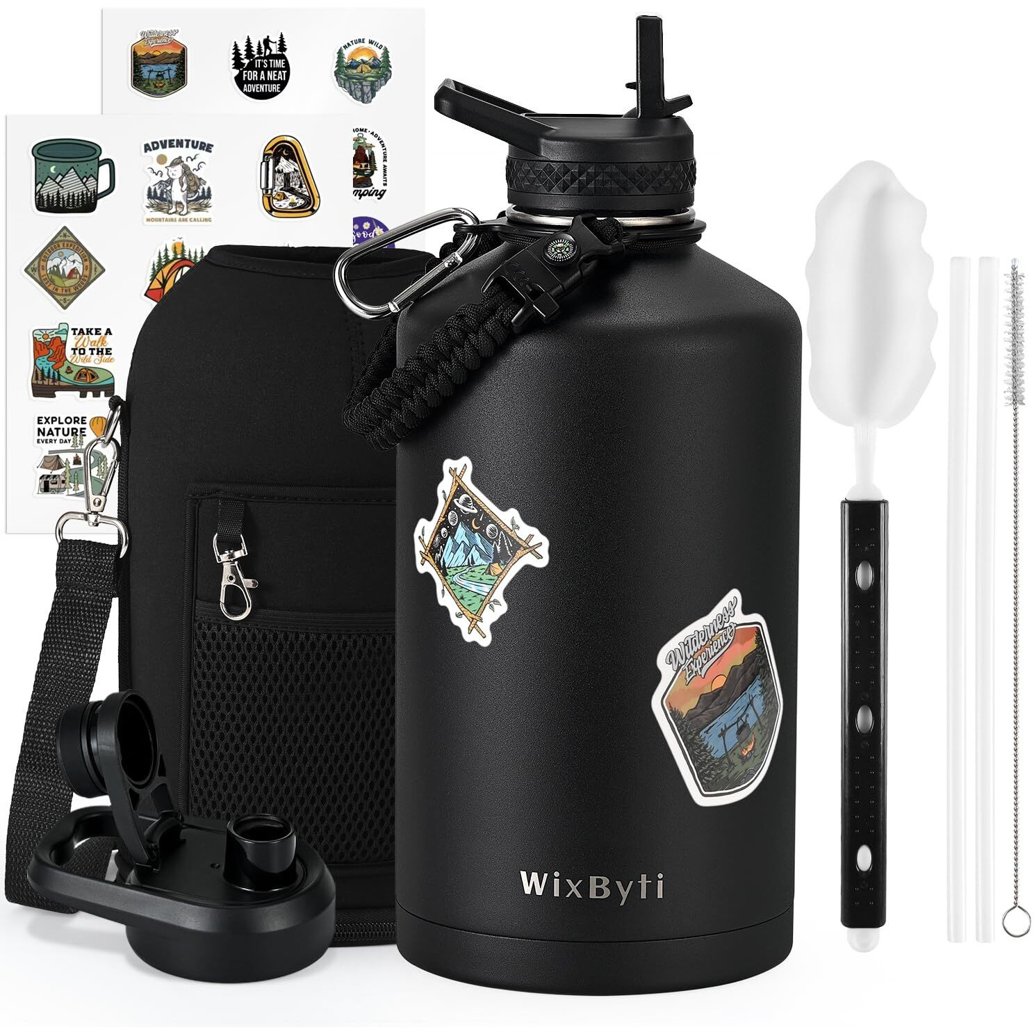 Wixbyti One Gallon Water Bottle Insulated  Triple Wall Vacuum Cold For 48 Hrs & Leak-Proof & Non-Bpa  128Oz Large Sports Stainless Steel Water Jug With Paracord Handle Straw Spout Lids & Diy Stickers