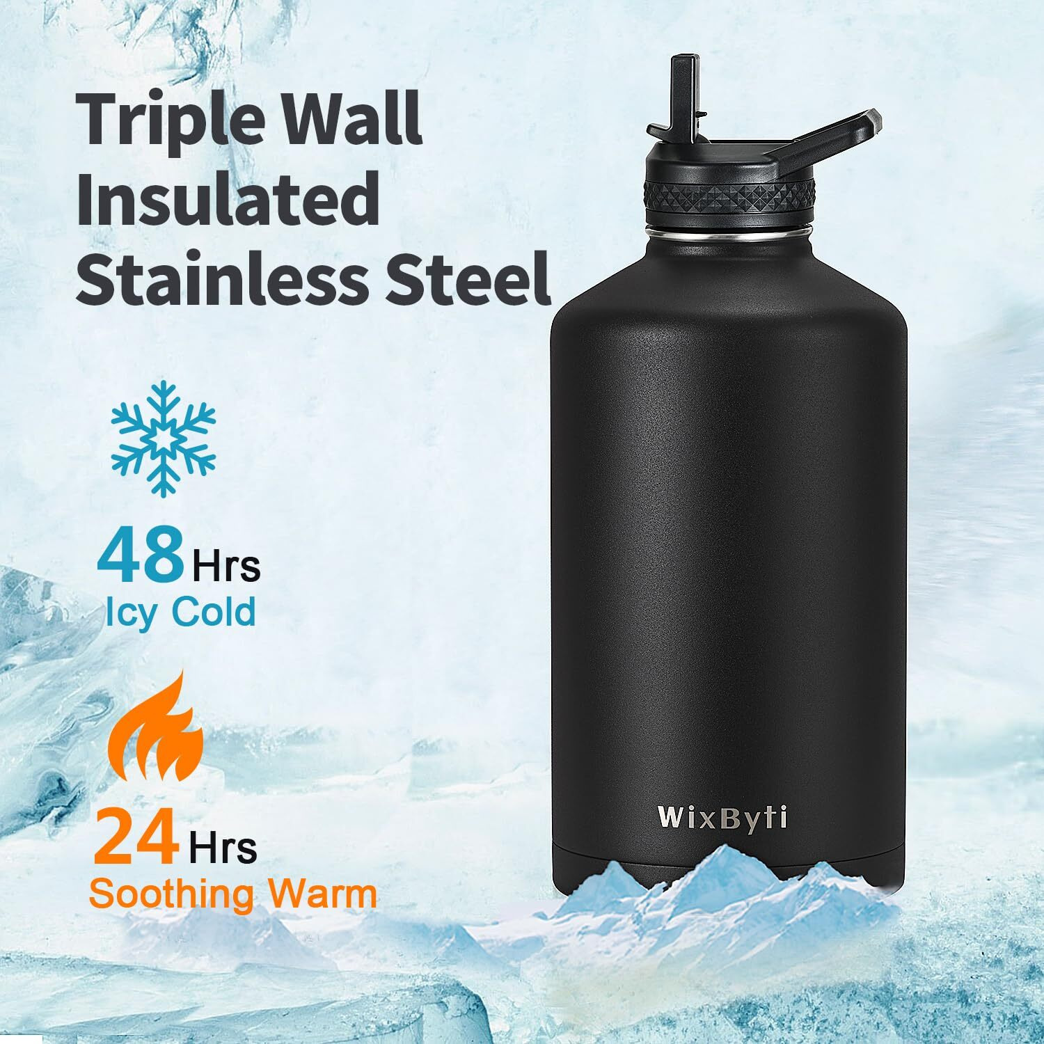 Wixbyti One Gallon Water Bottle Insulated  Triple Wall Vacuum Cold For 48 Hrs & Leak-Proof & Non-Bpa  128Oz Large Sports Stainless Steel Water Jug With Paracord Handle Straw Spout Lids & Diy Stickers