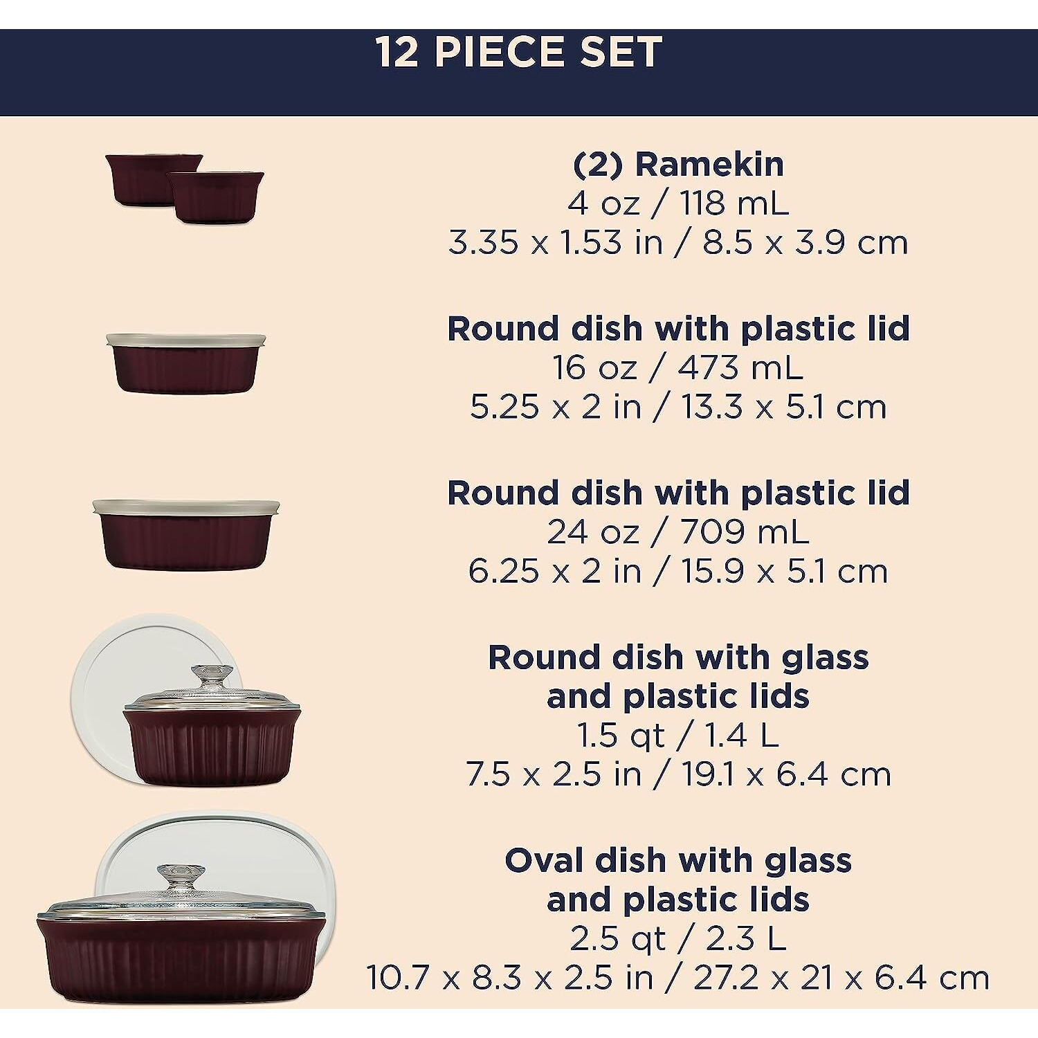 Corningware Ceramic Bakeware Set With Lids  Chip And Crack Resistant Stoneware Baking Dish  Microwave  Dishwasher  Oven  Freezer And Fridge Safe  12-Piece French Cabernet