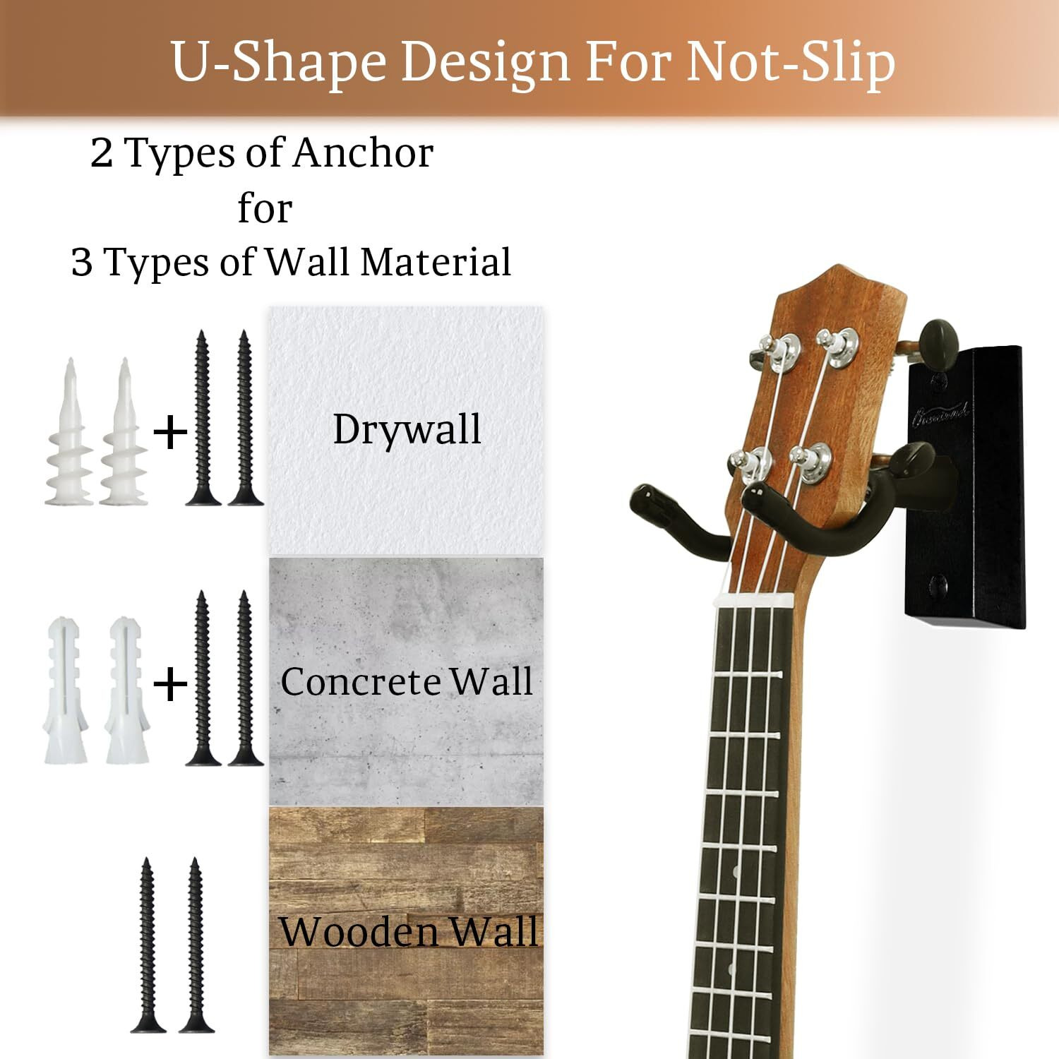 Onmiwod Ukulele Wall Mount Hanger 2 Pack  Black Hardwood U-Shaped Ukulele Holder Hanger  Ukulele Wall Mount Hook For Ukulele Banjo Mandolin Concert Pineapple Soprano Tenor And Baritone