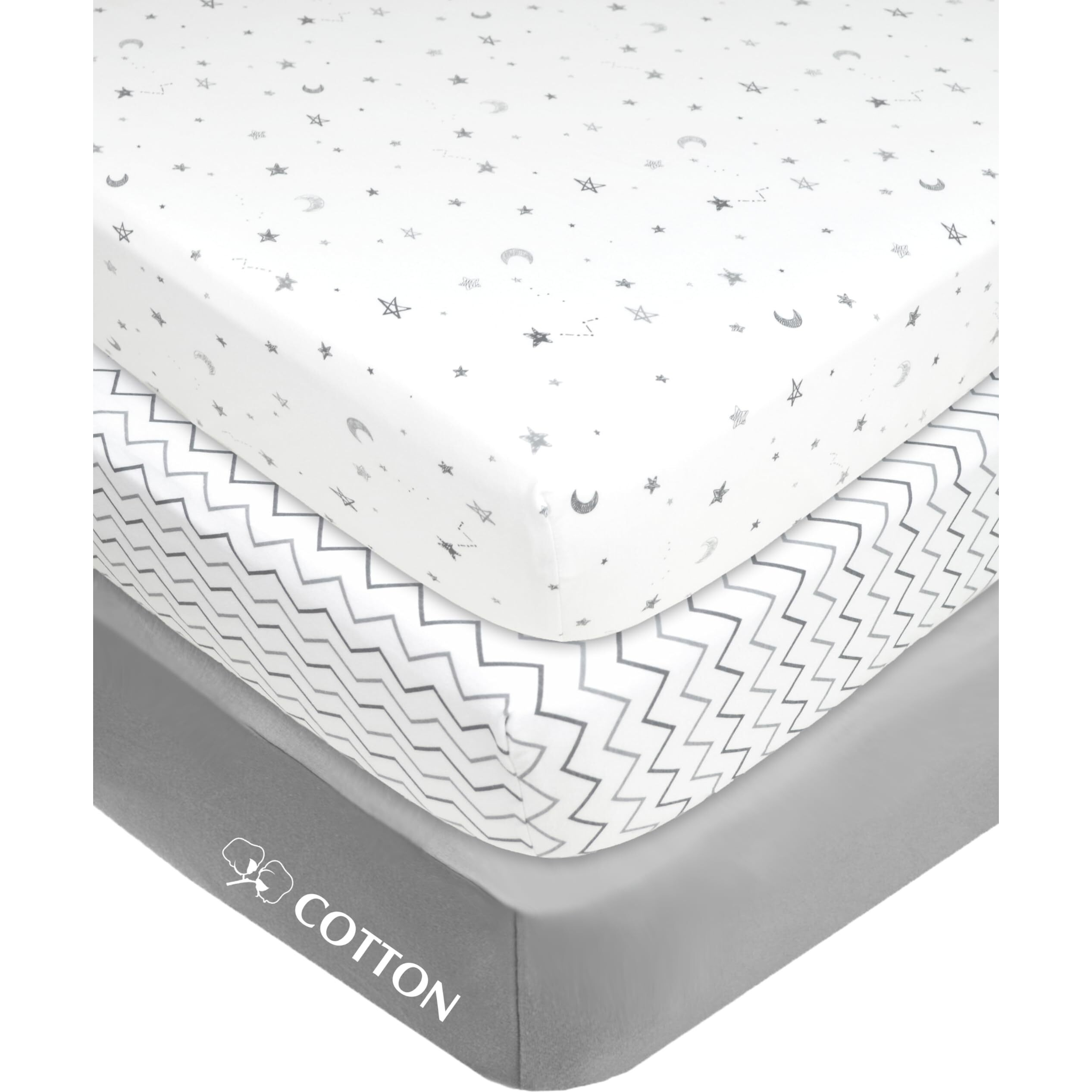 American Baby Company 3 Pack Fitted Mini Crib Sheet 24"" X 38""  Soft Breathable Neutral 100% Cotton Jersey Portable Sheet  Gray Star/Zigzag  For Boys And Girls  Fits Most Pack N Play Mattresses