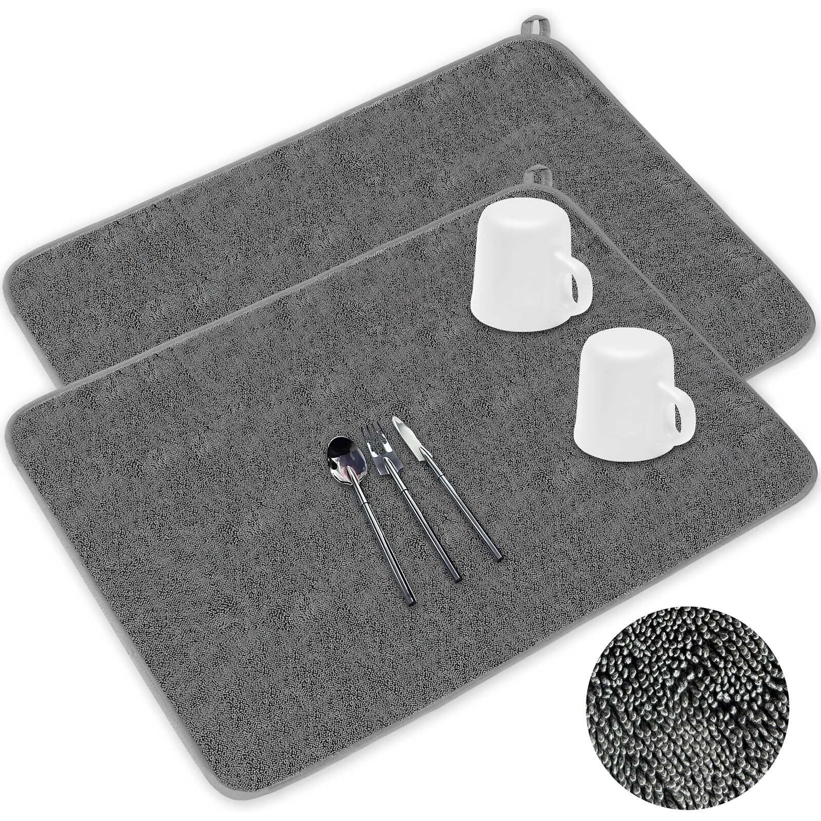 2 Pack Microfiber Dish Drying Mat 24*17 Inch Absorbent Dish Drainer Kitchen Counter Large Drying Pad For Countertop  Rack And Under Sink(Gray)