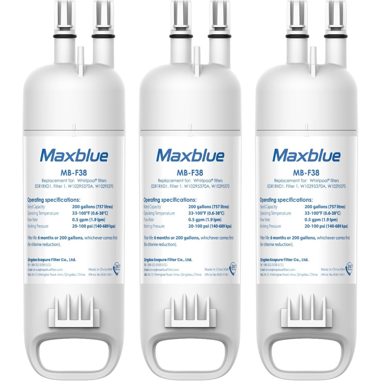 Maxblue W10295370A Replacement For Everydrop Filter 1  Whirlpool Edr1Rxd1  Edr1Rxd1B  P8Rfwb2L  P4Rfwb  Kenmore 46-9081  46-9930  Mb-F38 Refrigerator Water Filter  3 Filters (Package May Vary)