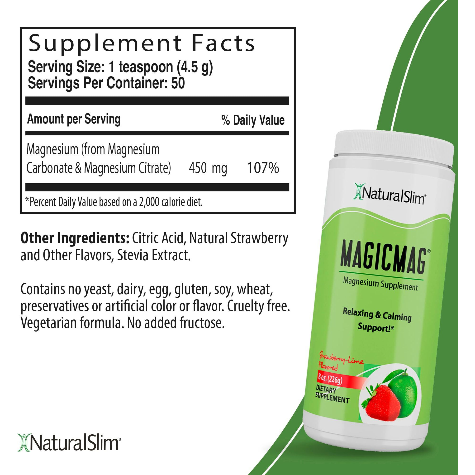 Naturalslim Magicmag Pure Magnesium Citrate Powder - Stress  Constipation  Muscle  Heart Health  And Sleep Support | Natural Strawberry & Lime Flavored Magnesium Supplement - 8Oz Drink Mix (Solo)