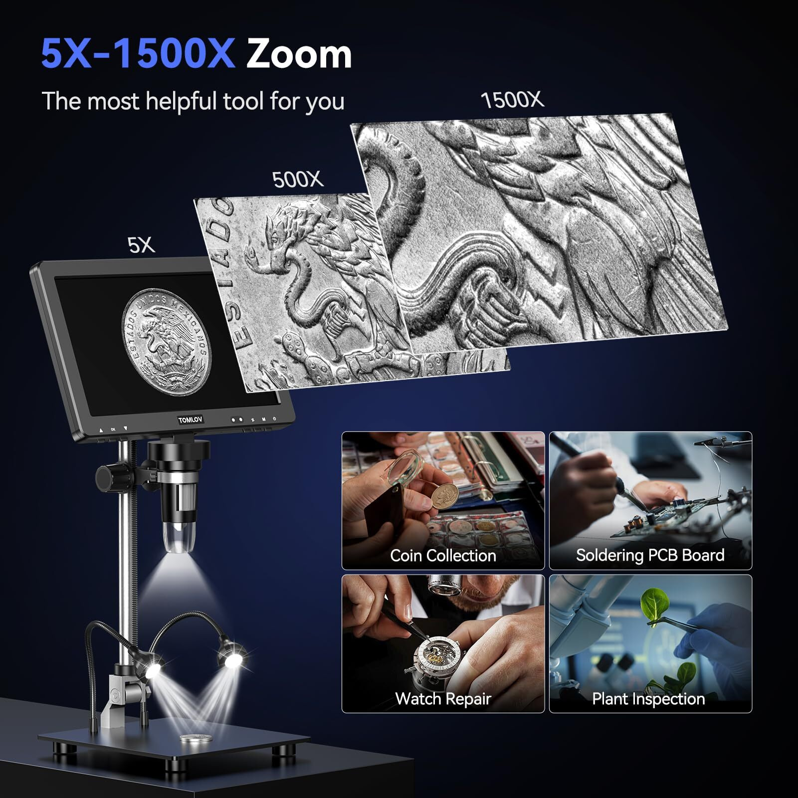 Tomlov Dm9 Max 10.1"" Hd Ips Hdmi Digital Microscope 1500X  20Mp Coin Microscope Magnifier For Error Coins With Screen  Lcd Soldering Microscope For Adults  10 Led Lights  Pc/Tv Compatible  64Gb