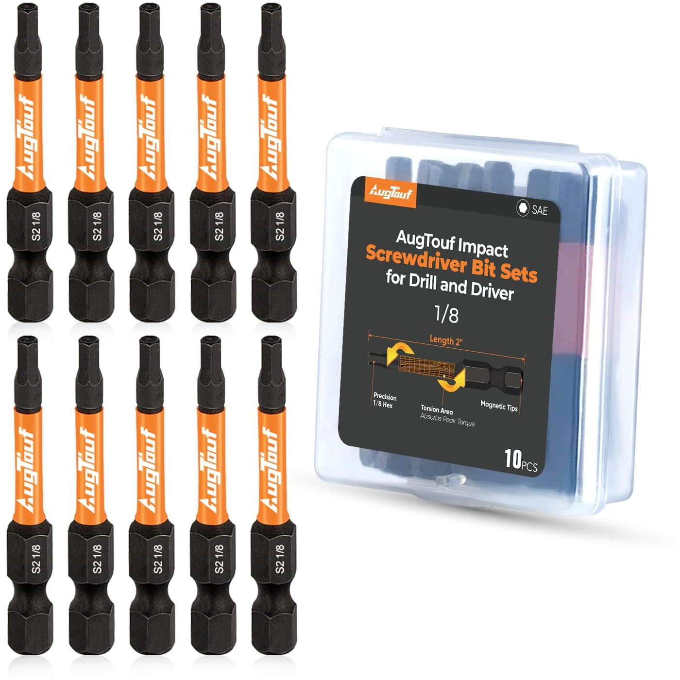 Toolant 1/8"" Impact Hex Head Allen Wrench Drill Bit Set 10Pcs  1/4  Hex-Shank S2 Steel Hex Bits Set  Cnc Machined Tips With Magnetism  2  Long With Storage Box