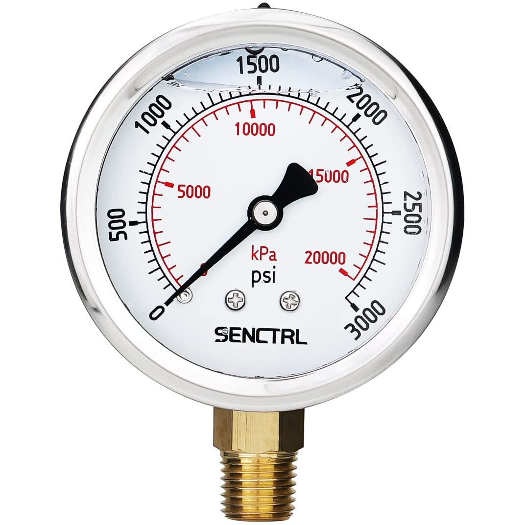 Senctrl 3000 Psi Glycerin Liquid Filled Hydraulic Pressure Gauge  2.5"" Dial Size  1/4"" Npt Lower Mount  Stainless Steel Case  For Air Gas Water Oil Pressure Test