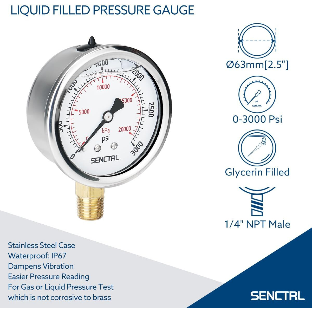 Senctrl 3000 Psi Glycerin Liquid Filled Hydraulic Pressure Gauge  2.5"" Dial Size  1/4"" Npt Lower Mount  Stainless Steel Case  For Air Gas Water Oil Pressure Test