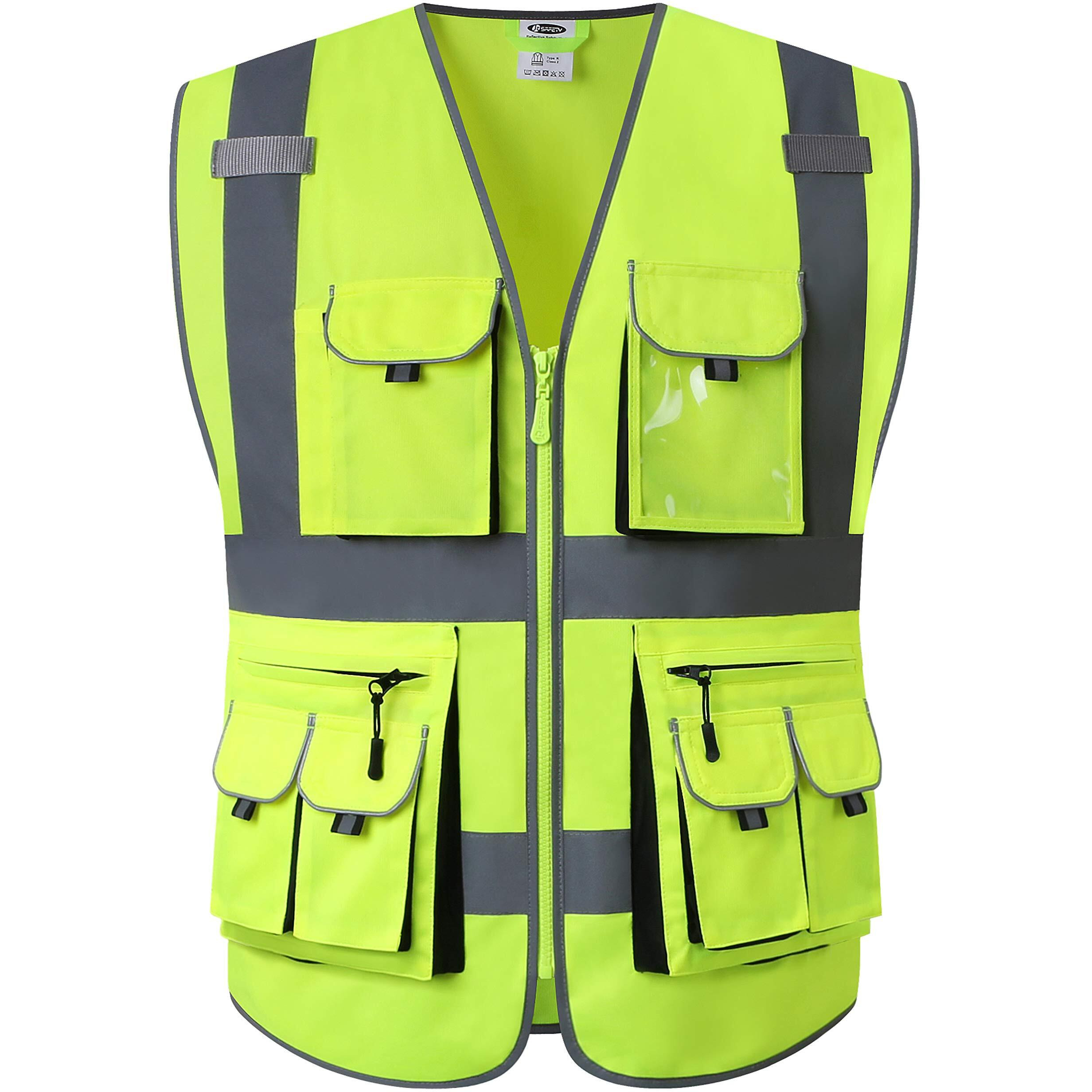 Jksafety 10 Pockets Class 2 High Visibility Zipper Front Safety Vest Yellow With High Reflective Strips Meets Ansi/Isea Standards (88-Yellow  Medium)
