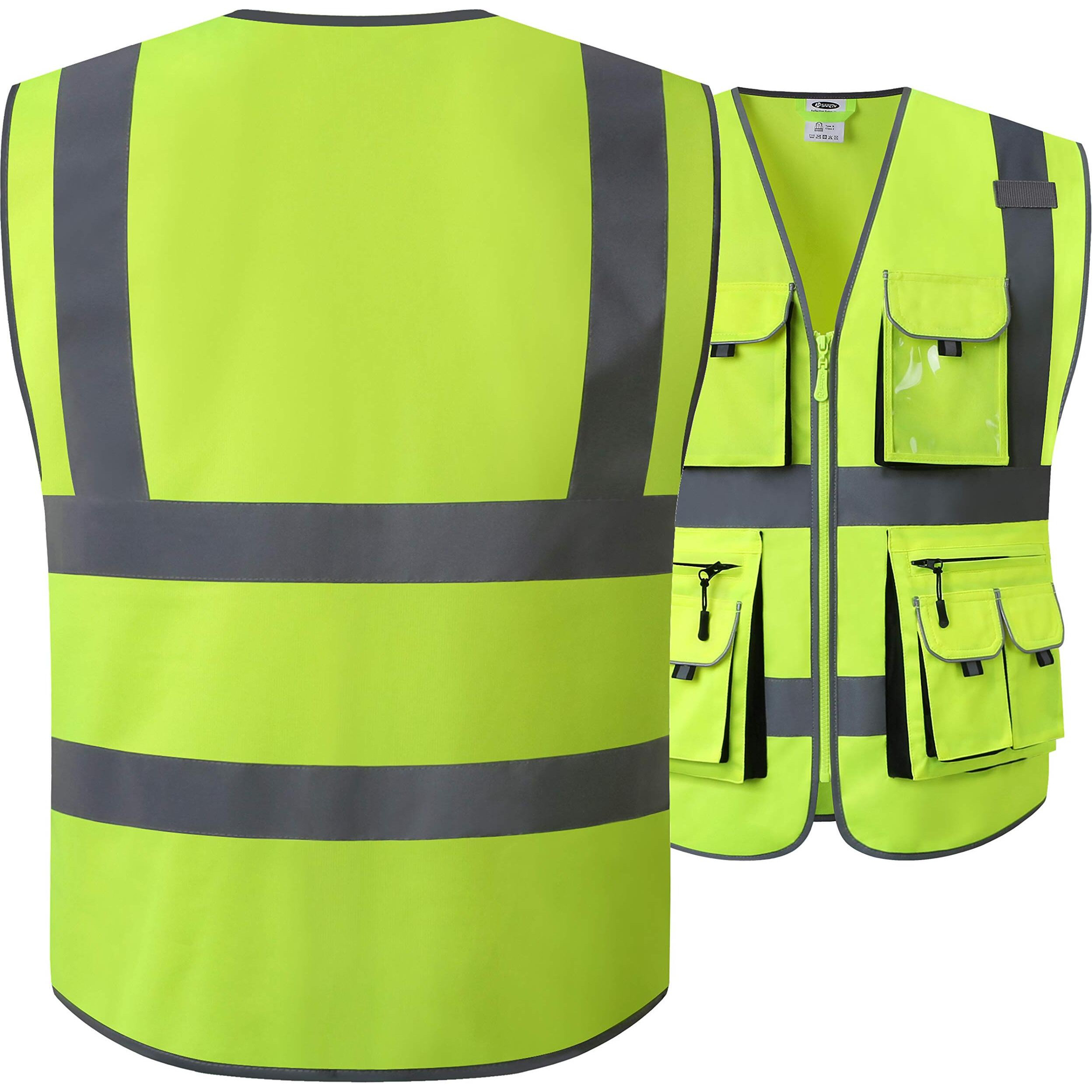 Jksafety 10 Pockets Class 2 High Visibility Zipper Front Safety Vest Yellow With High Reflective Strips Meets Ansi/Isea Standards (88-Yellow  Medium)