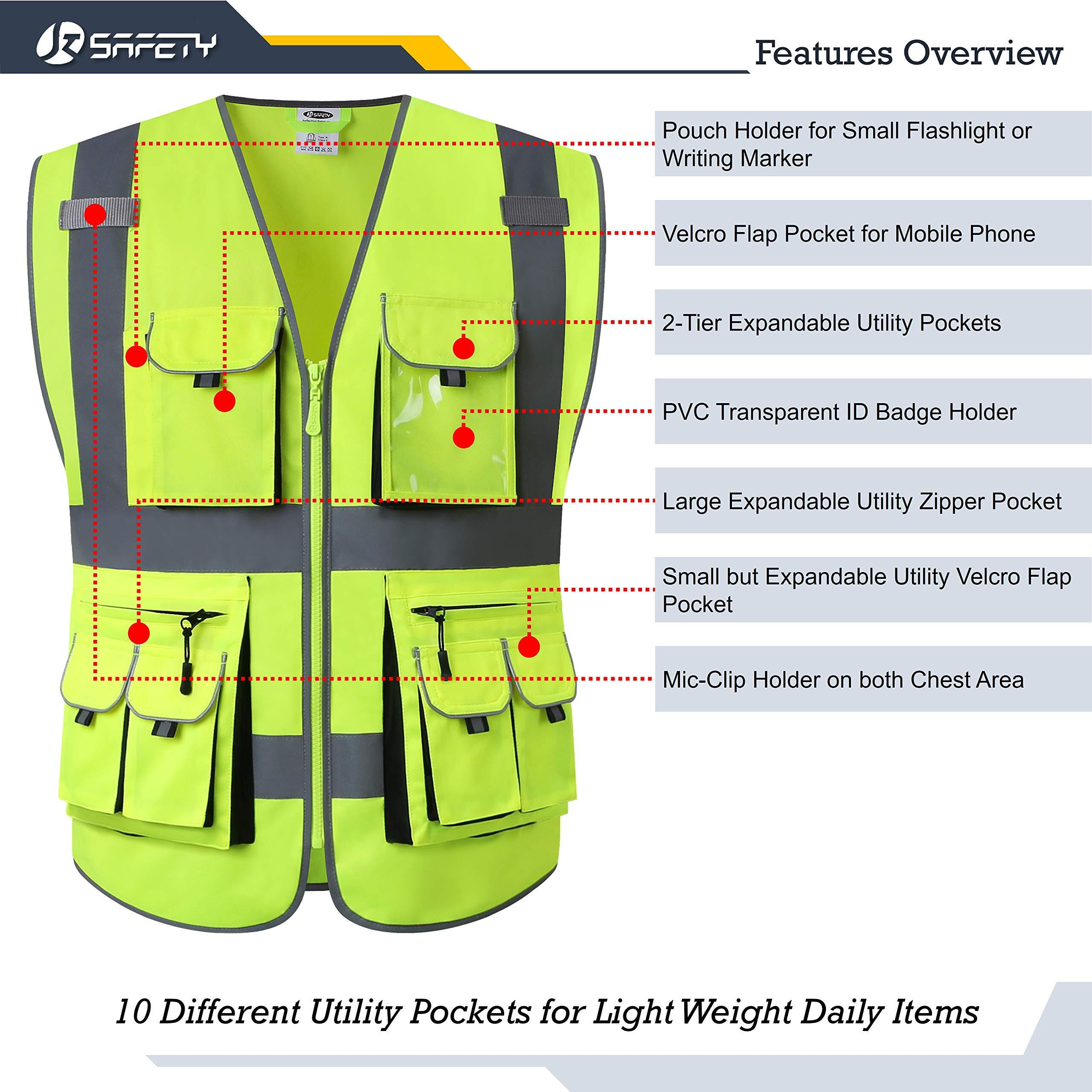Jksafety 10 Pockets Class 2 High Visibility Zipper Front Safety Vest Yellow With High Reflective Strips Meets Ansi/Isea Standards (88-Yellow  Medium)
