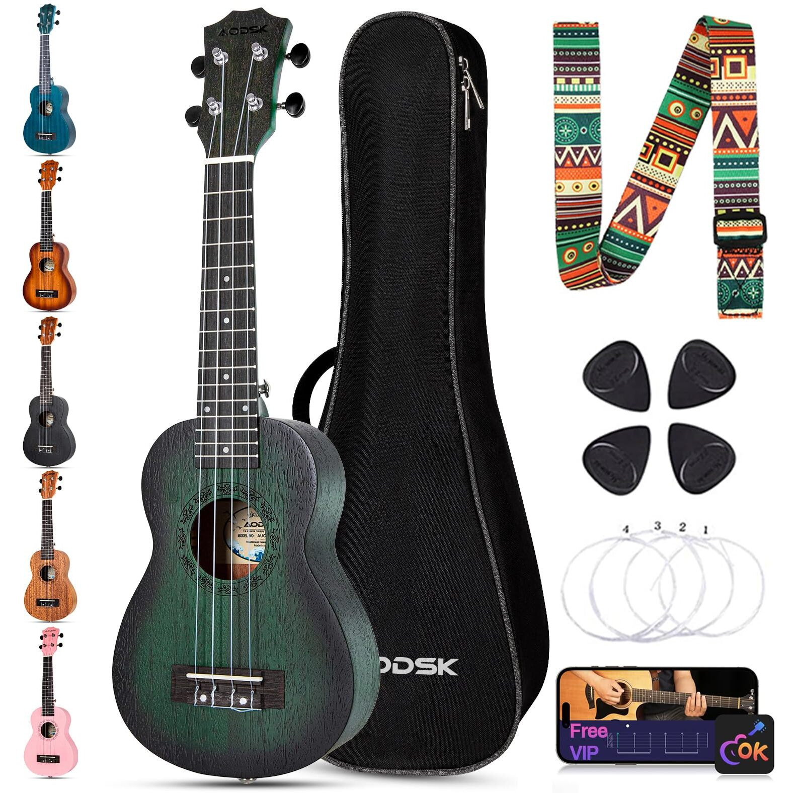 Aodsk Ukulele For Beginners Uke Starter Bundle Kit 21 Inch Ukelele With Free Gig Bag Strap Professional Acoustic Soprano Ukelele Four String Wooden Hawaiian Uke For Kids Students Starter Kit-Green