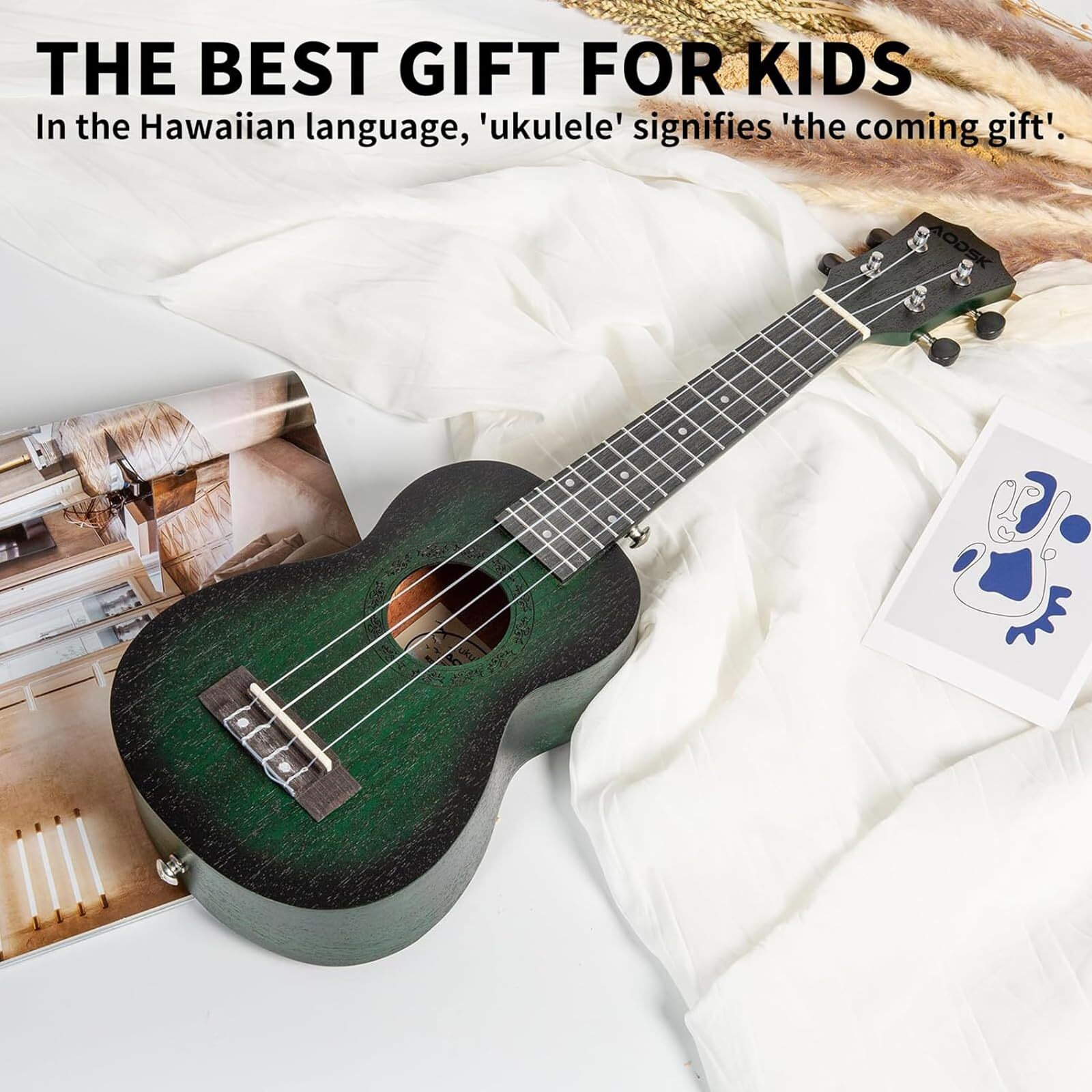 Aodsk Ukulele For Beginners Uke Starter Bundle Kit 21 Inch Ukelele With Free Gig Bag Strap Professional Acoustic Soprano Ukelele Four String Wooden Hawaiian Uke For Kids Students Starter Kit-Green