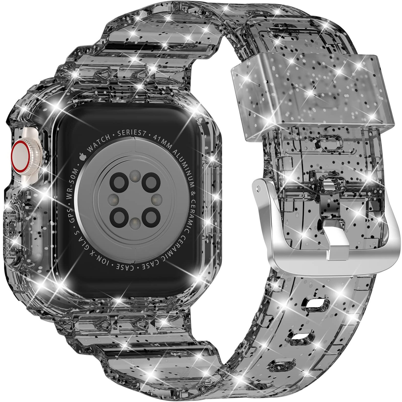 Xyf Compatible For Crystal Clear Apple Watch Bands  45Mm 44Mm 42Mm Bumper Case For Men Women Jelly Sport Case Band For Iwatch Ultra 2/1 Series 10 9 8 7 Se 6 5 4 3 2 1 (Glitterblack  42/44/45)