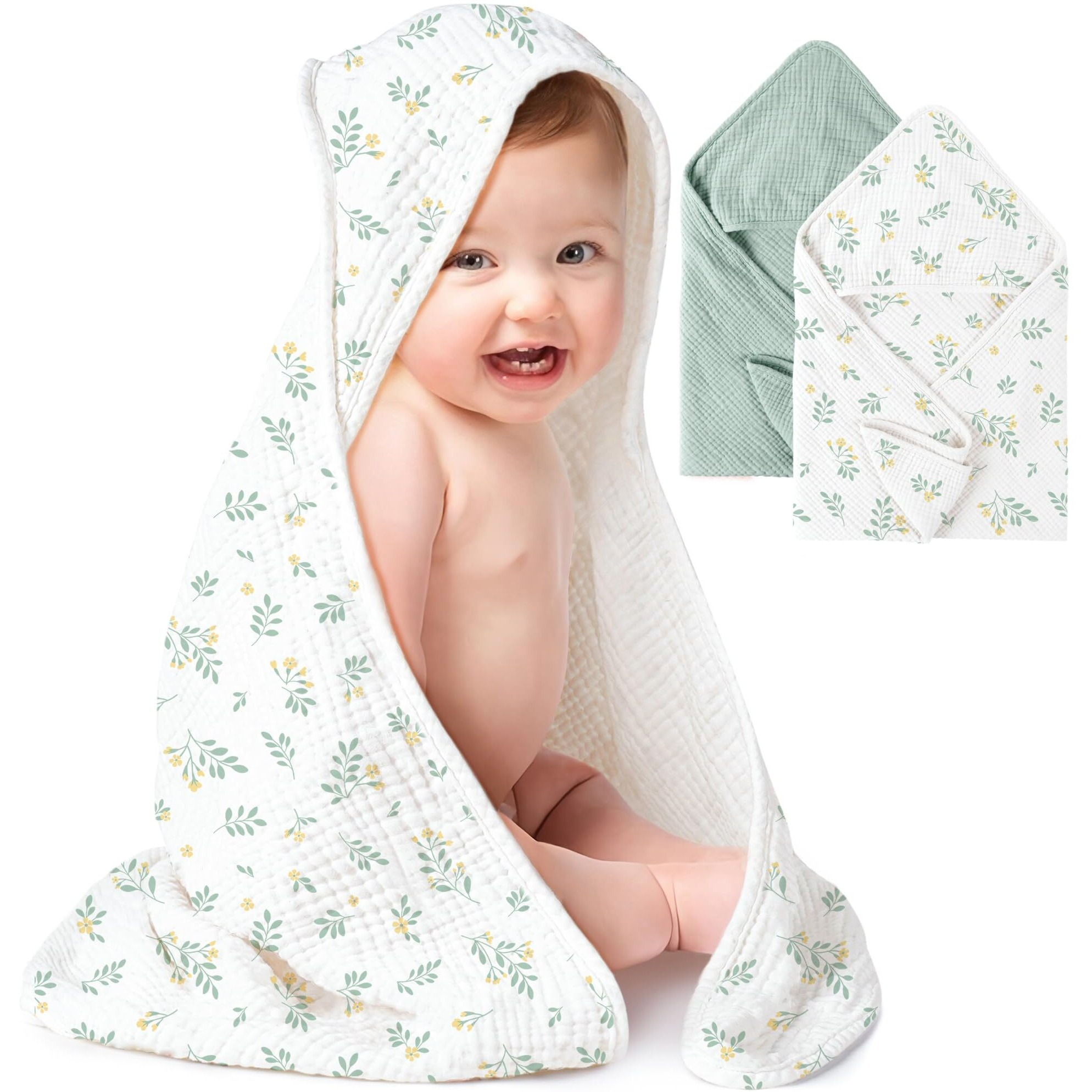 Konssy 2 Pack Muslin Hooded Baby Towels For Newborn Soft 100% Cotton Baby Bath Towel With Hood For Baby  Infant Ultra Absorbent  Baby Stuff Baby Bath Shower Gifts (Green  Leafy 30"" X 30"")