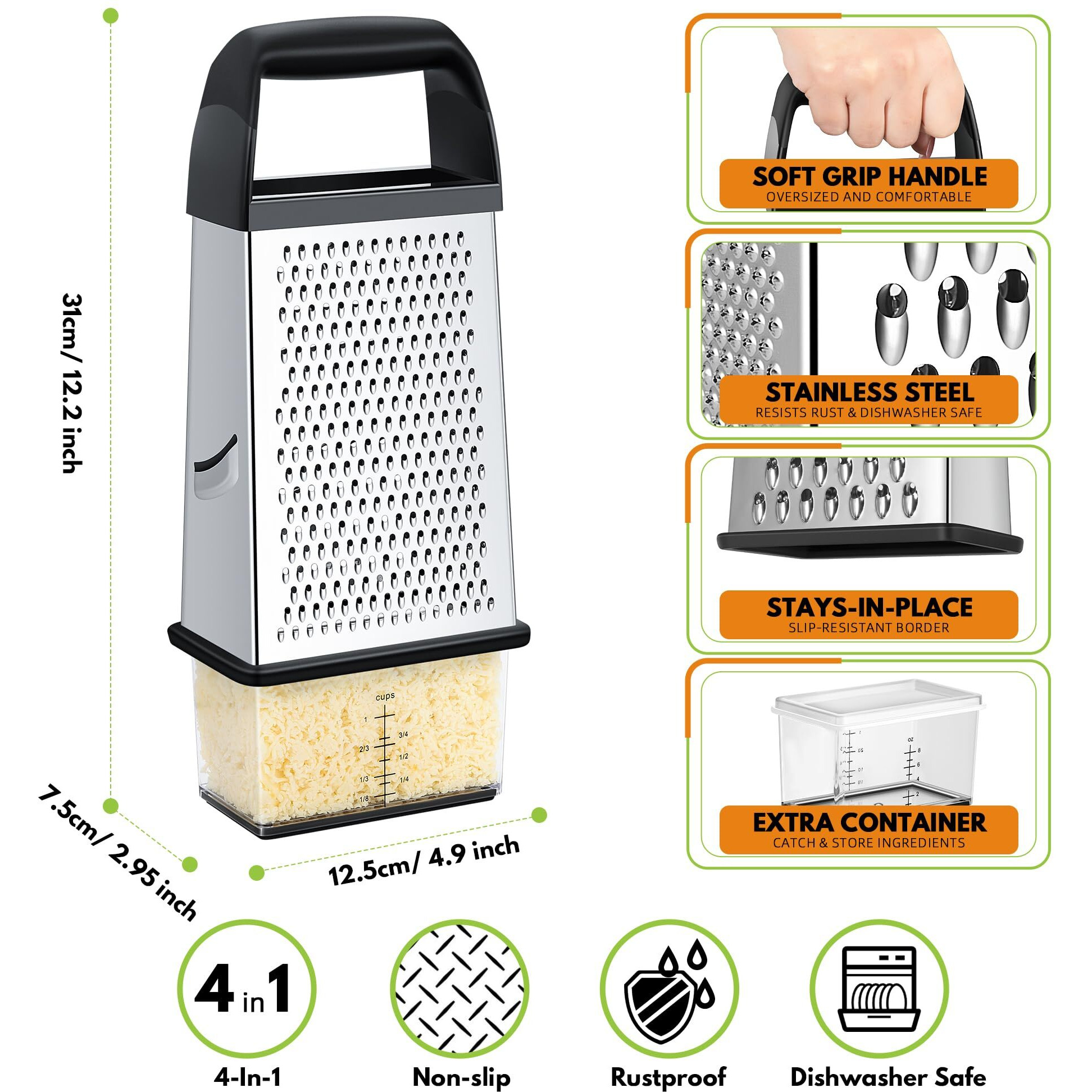 Urbanstrive Cheese Grater With Container  Professional Cheese Grater With Handle  Stainless Steel Graters For Kitchen Handheld  Box Grater With 4 Sides For Vegetables  Ginger  Potatoes  Black