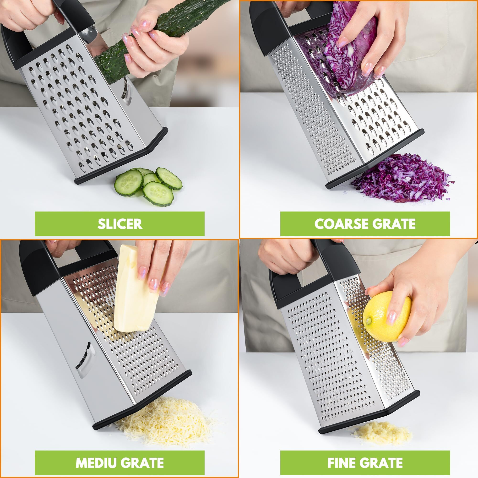 Urbanstrive Cheese Grater With Container  Professional Cheese Grater With Handle  Stainless Steel Graters For Kitchen Handheld  Box Grater With 4 Sides For Vegetables  Ginger  Potatoes  Black