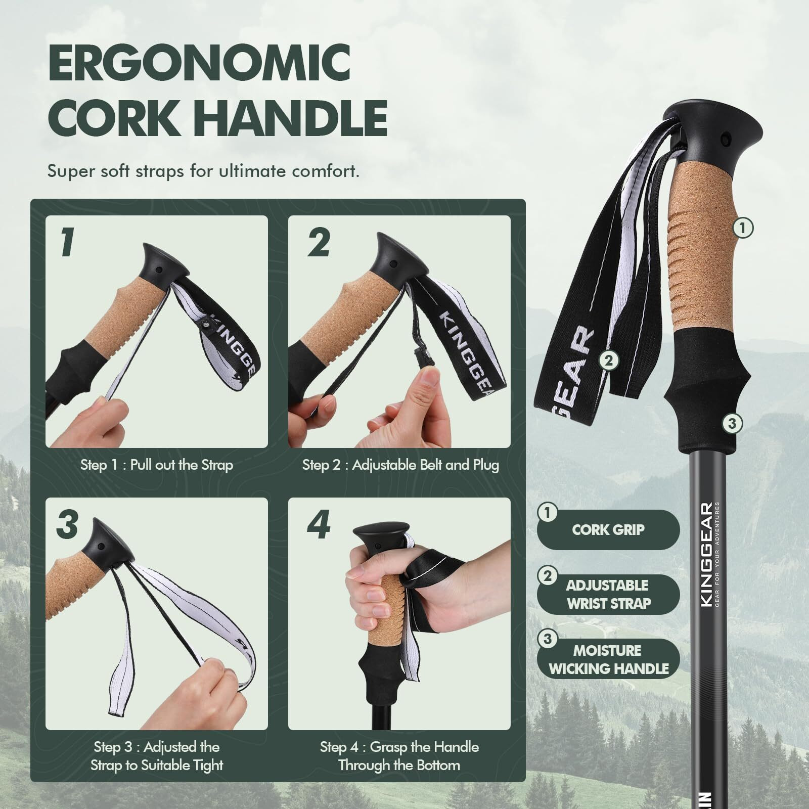 Kinggear Walking Stick  Lightweight 7075 Aluminum Adjustable Hiking Poles  Trekking Poles With Flip Lock  Retractable  Natural Anti-Sweat Cork And Eva Grips (Pink)