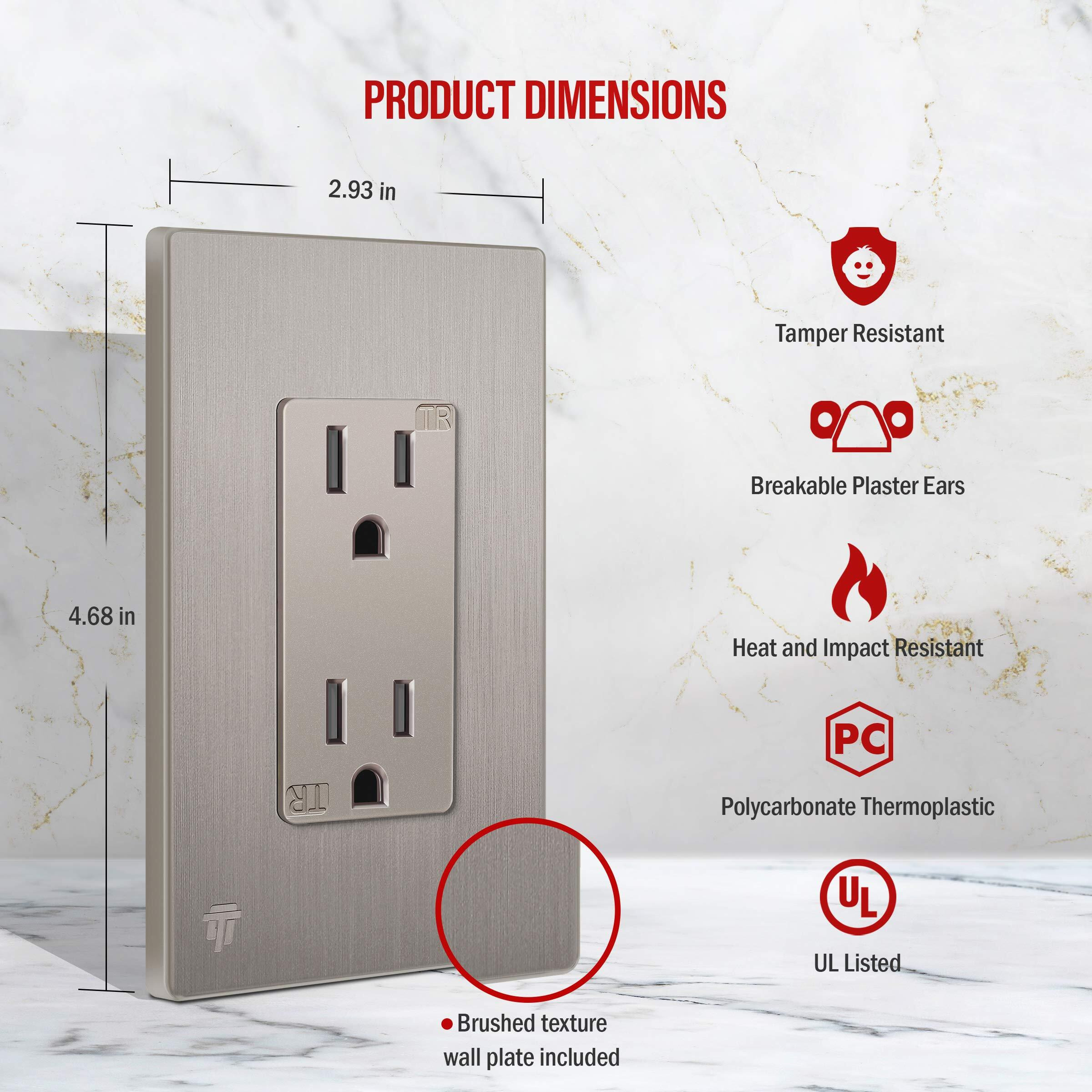 Enerlites Elite Series Decorator Receptacle Outlet Child Safe Tamper-Resistant  Self-Grounding  Residential Grade  15A 125V  Ul Listed  Brushed Wall Plate Included  61501-Tr-Nkwbp  Nickel