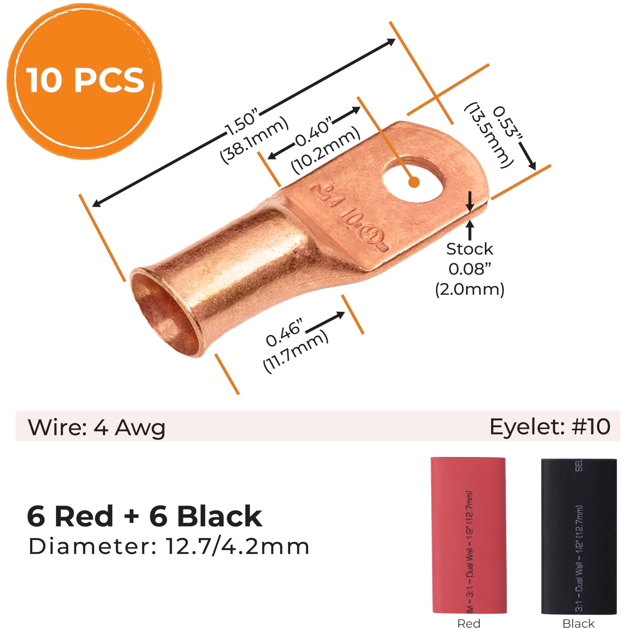 Selterm 10Pcs - 4 Awg - 10 Stud - Battery Lugs - Ring Terminal Connectors | With 12Pcs 31 Black & Red Heat Shrink Tubing With Adhesive | Heavy Duty Battery Cable Ends - Bare Copper Wire Lugs Kit