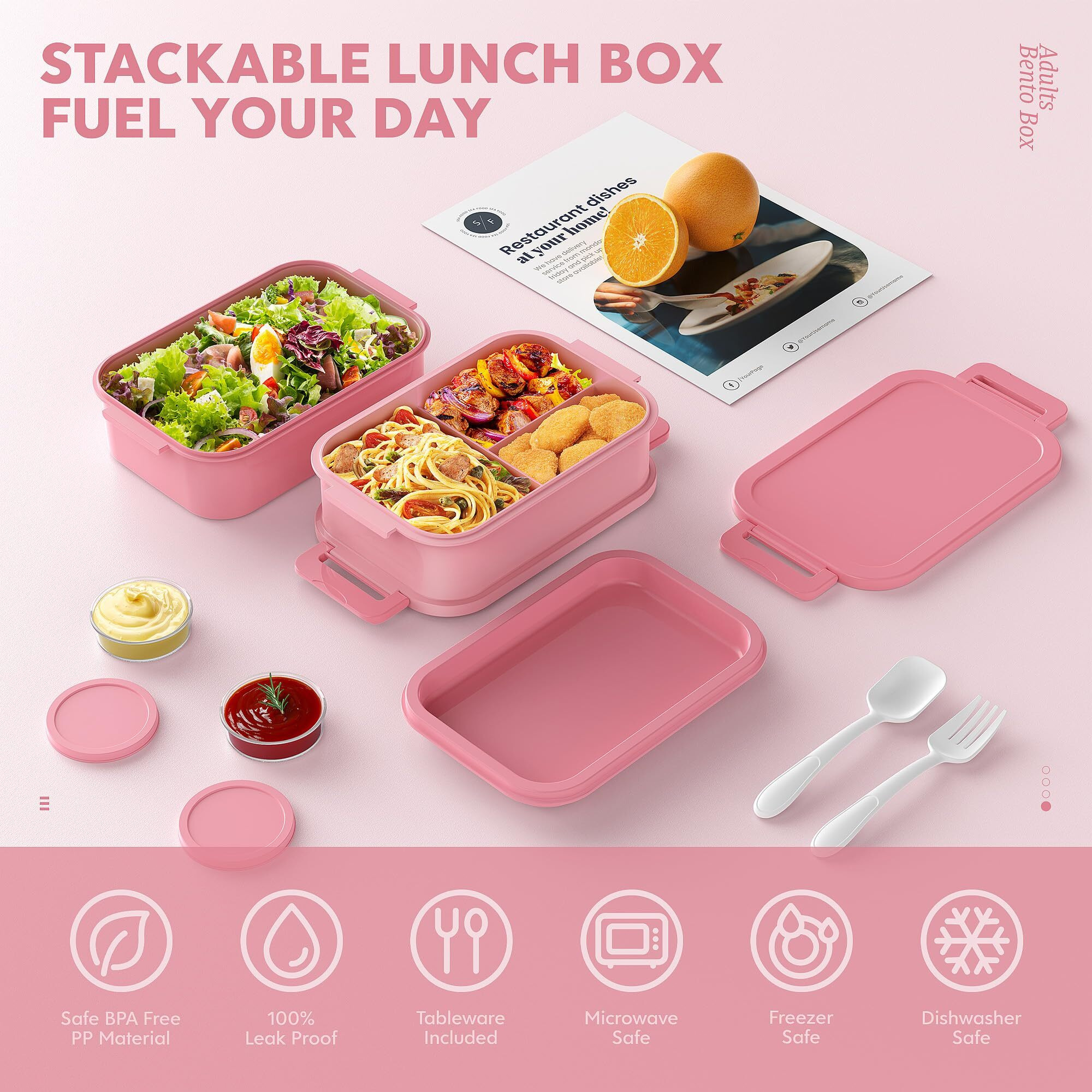 Jelife Bento Lunch Box For Adults - 3 Layers Leak-Proof Stackable Bento Box For Adults  72Oz Large-Style All-In-One Adult Lunchbox Bento Box With Utensil Accessories For Dining Out Work  Pink