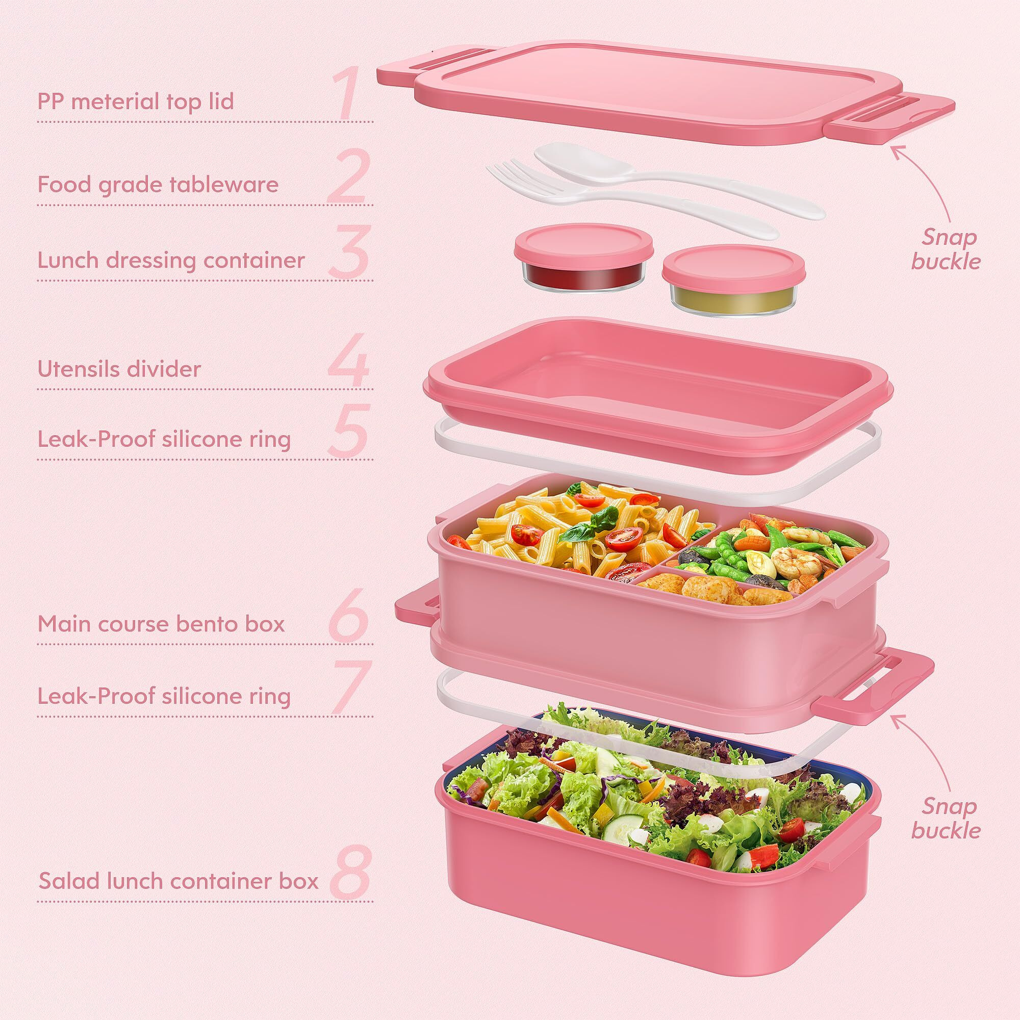 Jelife Bento Lunch Box For Adults - 3 Layers Leak-Proof Stackable Bento Box For Adults  72Oz Large-Style All-In-One Adult Lunchbox Bento Box With Utensil Accessories For Dining Out Work  Pink