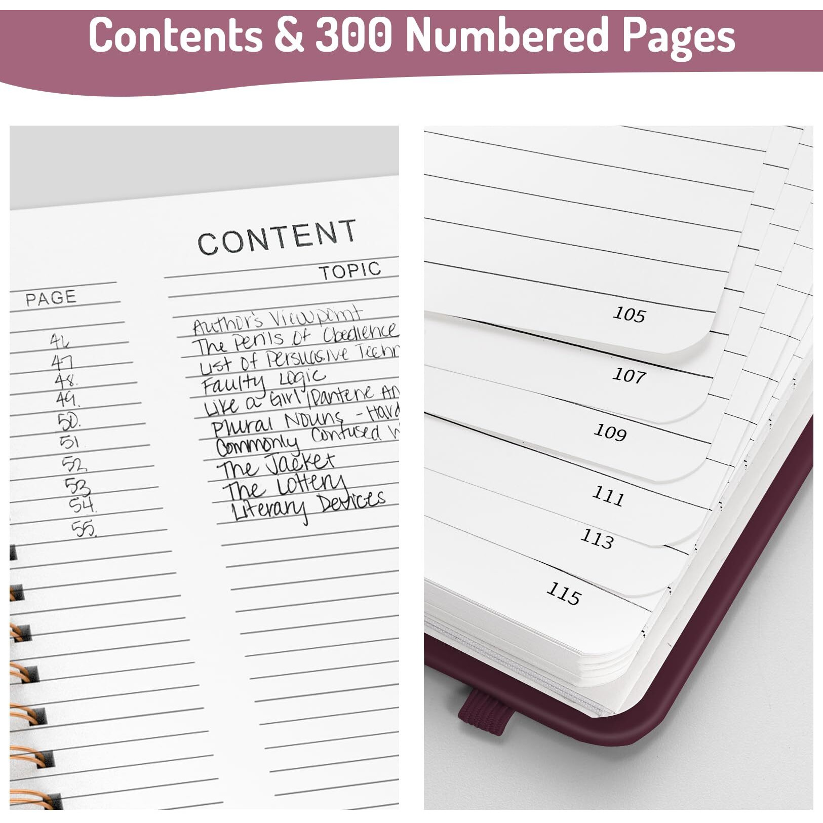 Forvencer Lined Spiral Journal Notebook With 300 Numbered Pages  B5 College Ruled Thick Journals For Writing With 100Gsm Paper  Hardcover Notebooks With Contents For Work  School  Women  Men  Burgundy