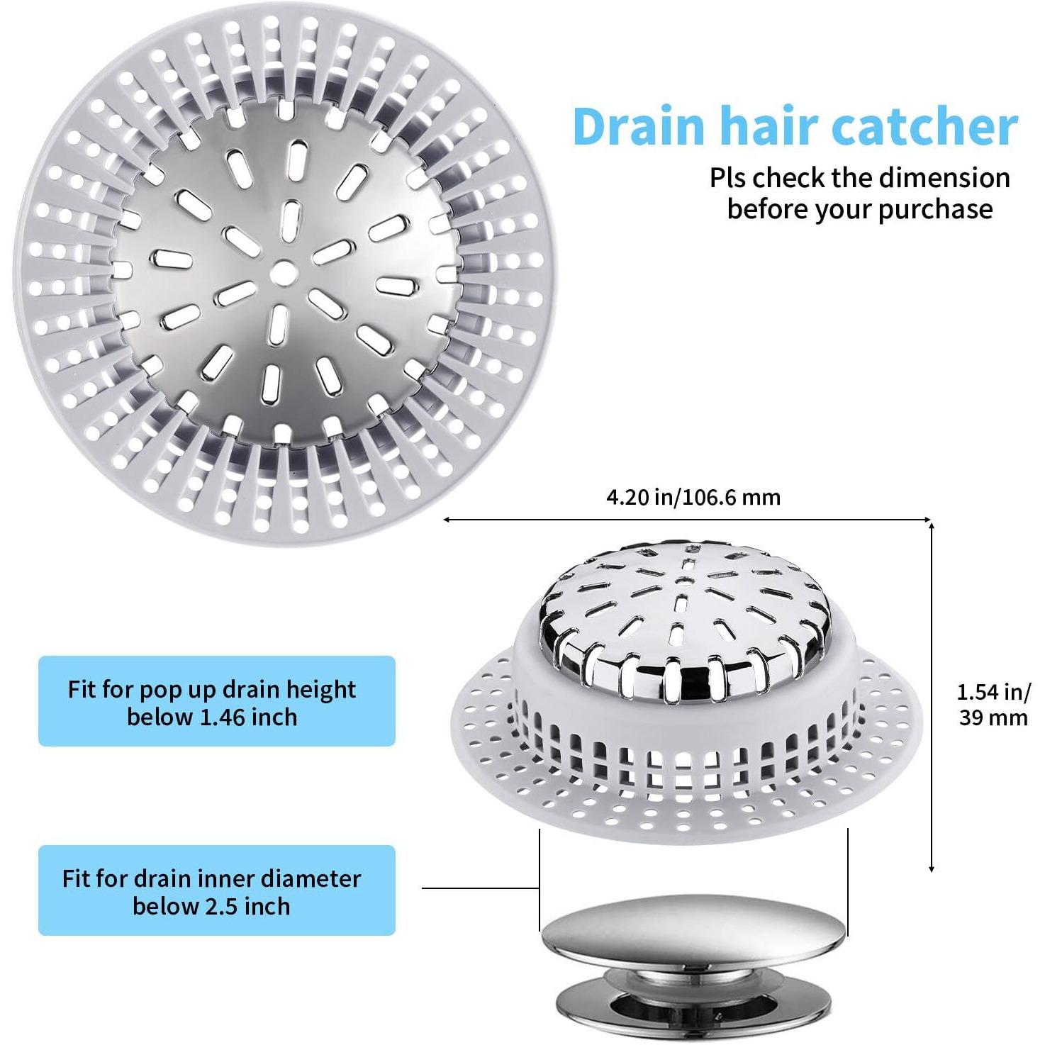 Aluvor Drain Hair Catcher  Upgraded Drain Catcher With Silicone Designed For Regular Drains  Catch Hair Easily Without Slowing Drainage  Prevent Clogging Plug Hole Hair Catcher (Top Small)