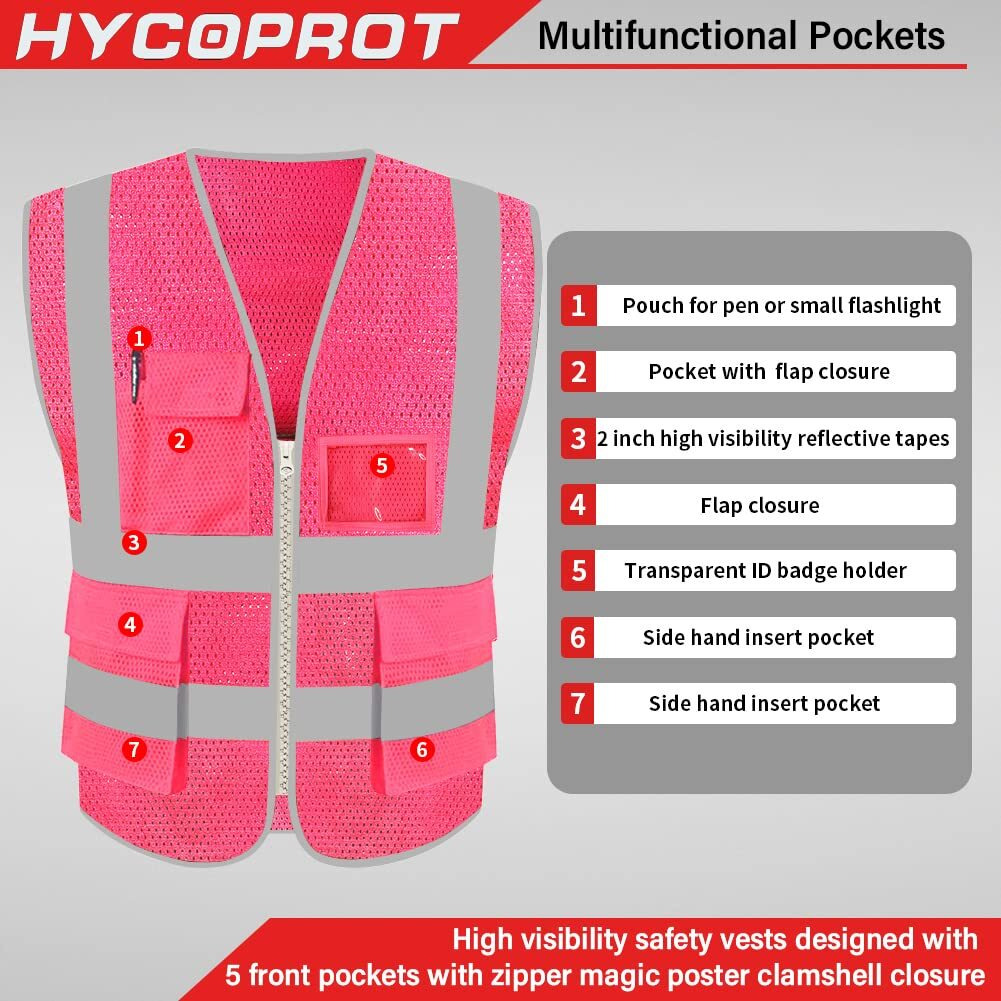 Hycoprot High Visibility Mesh Safety Reflective Vest With Pockets And Zipper  Meets Ansi/Isea Standards