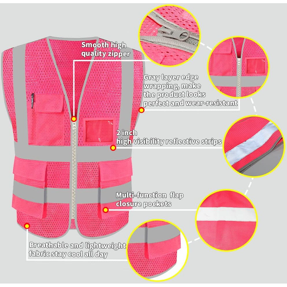 Hycoprot High Visibility Mesh Safety Reflective Vest With Pockets And Zipper  Meets Ansi/Isea Standards
