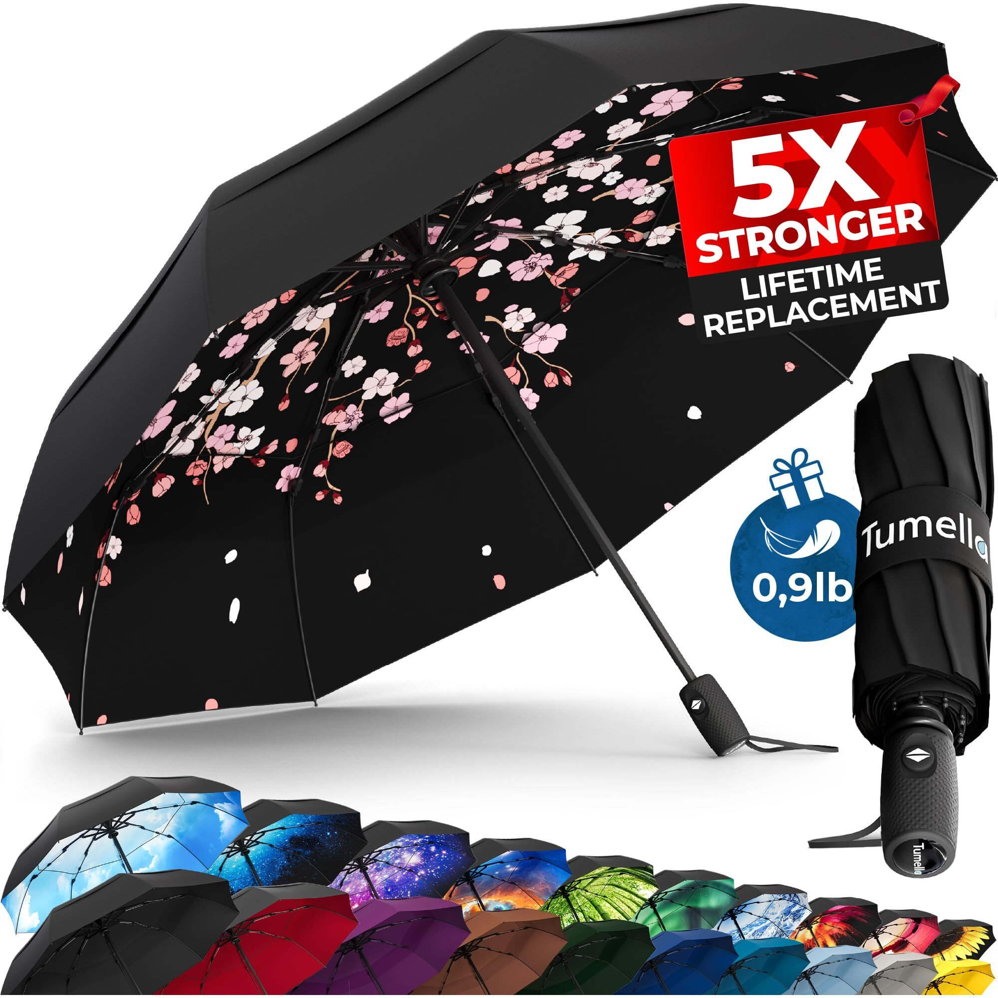 Tumella Strongest Windproof Travel Umbrella (Compact  Superior & Beautiful)  Small Strong But Light Portable And Automatic Folding Rain Umbrella  Durable Premium Grip  Fits Car & Backpack