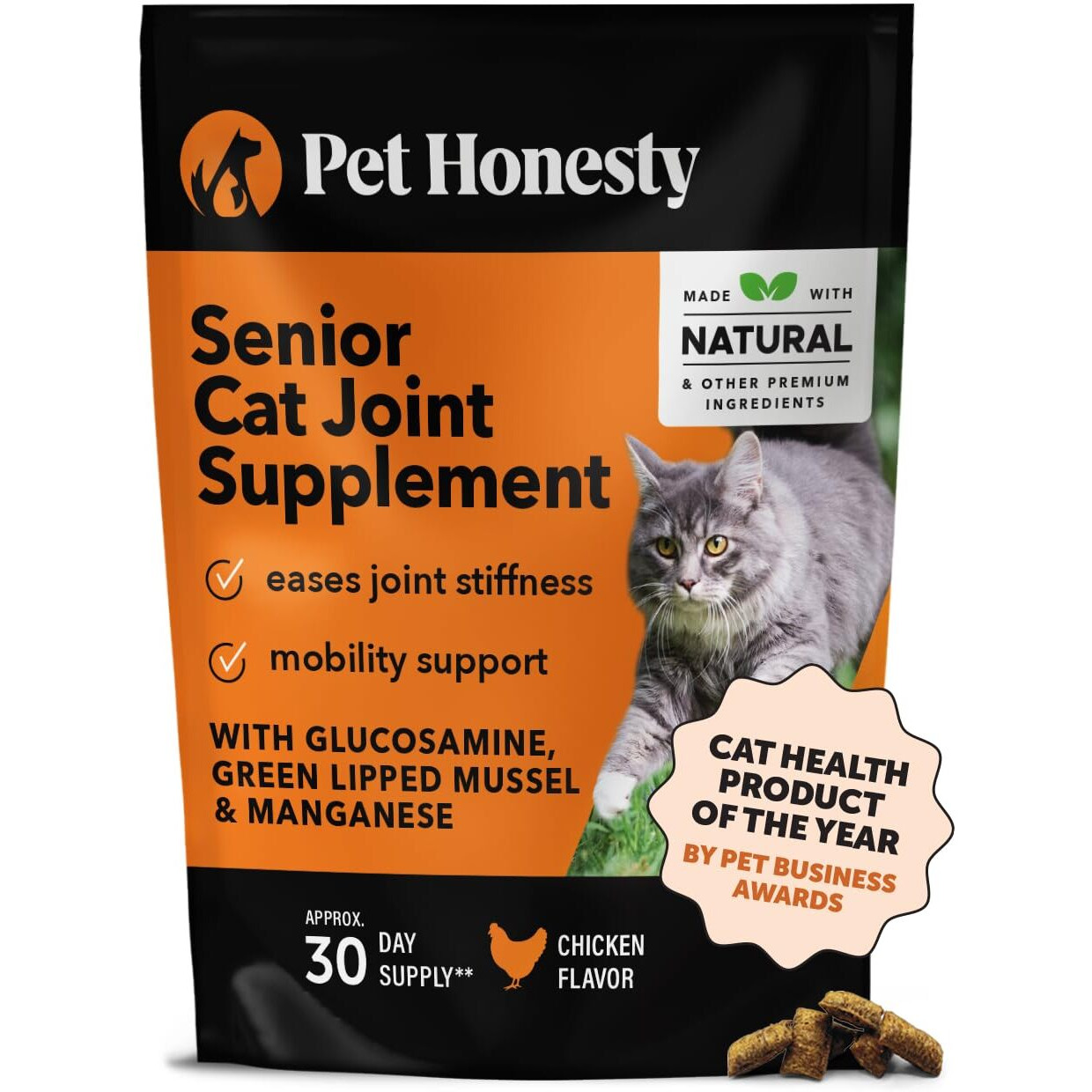 Pet Honesty Cat Hip & Joint Health Chews - Glucosamine For Cats  Cat Joint Support Supplement  Cat Health Supplies & Hip Support  Cat Vitamins For Indoor Cats & Outdoor Cats - Chicken (30-Day Supply)