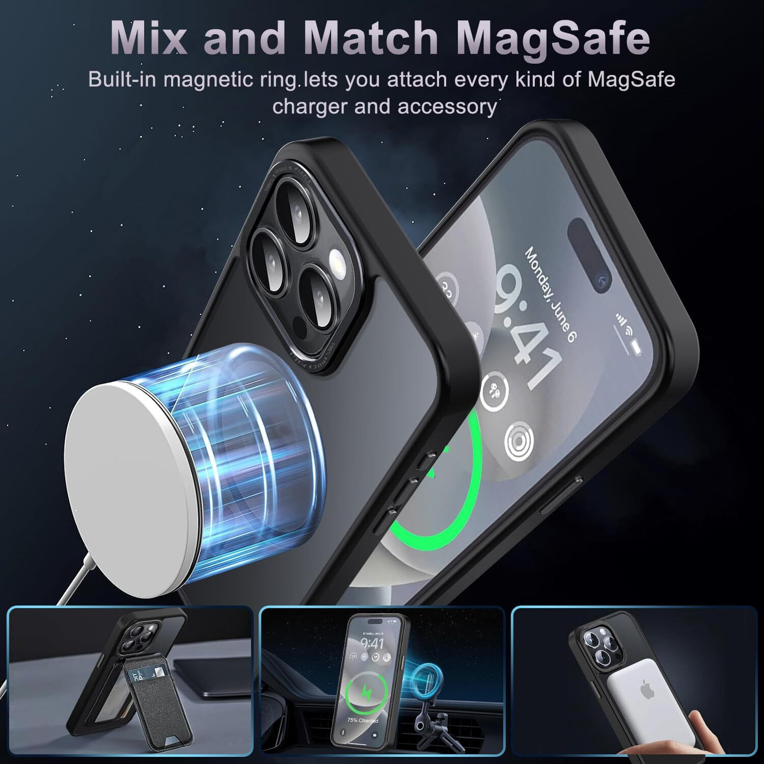 Newfuture Upgraded Magnetic For Iphone 15 Pro Max Case [Compatible With Magsafe] [Mil-Grade Protection]  Pocket-Friendly  Slim Translucent Phone Case Cover For Iphone 15 Pro Max 6.7""  Black