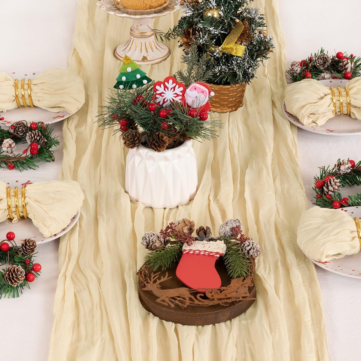 Dezerlor 12 Pack Christmas Table Runner Champagne Cheesecloth Table Runner Boho Gauze Table Runner 120 Inches Long Winter Table Decor For Wedding Baby Shower Xmas Party Decorations