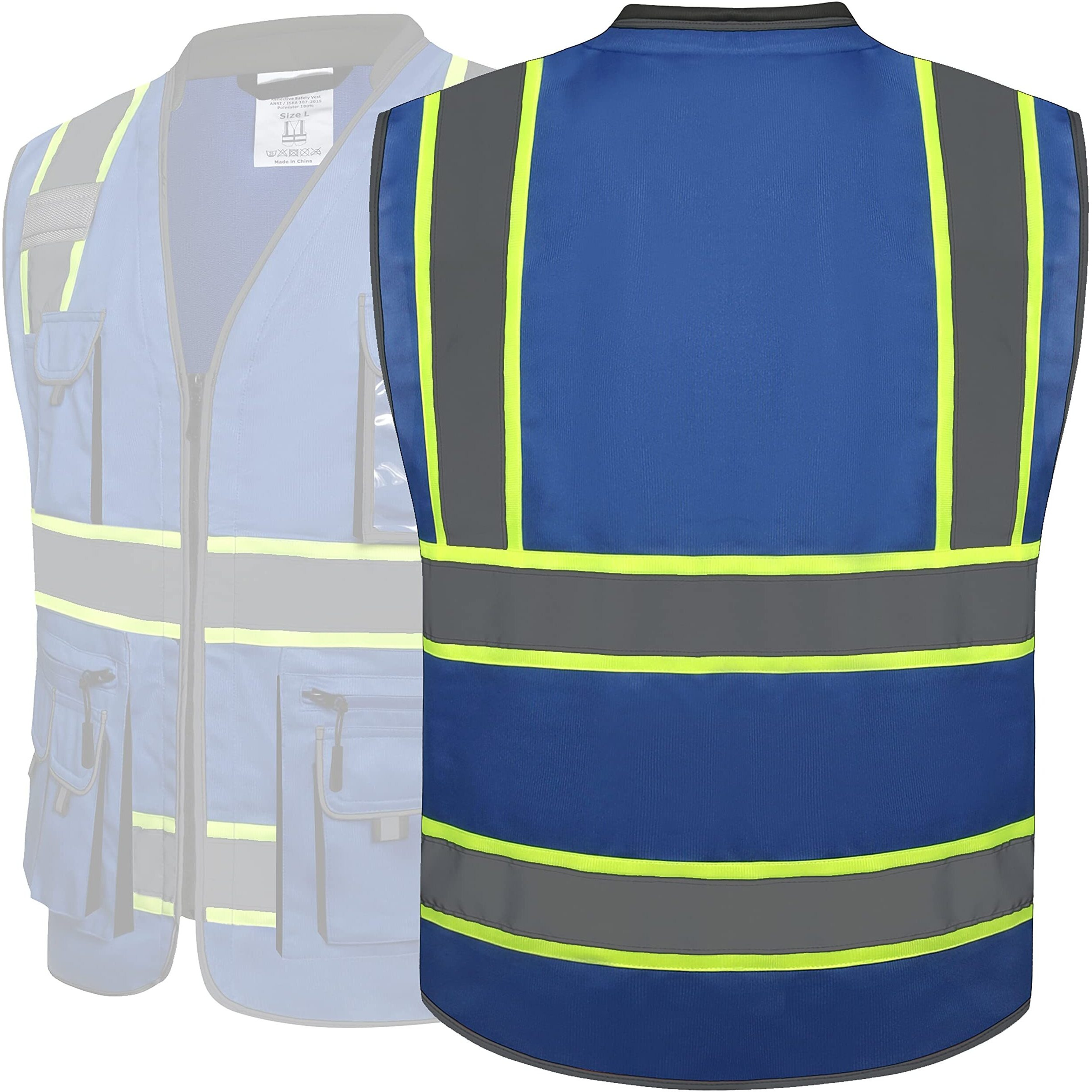 Jksafety 10 Pockets Hi-Vis Zipper Front Fluorescent Blue Safety Vest | Cushioned Collar | High Reflective Tapes With Extended Neon Yellow Strips | Meets Ansi/Isea Standards (Large  89-Blue)