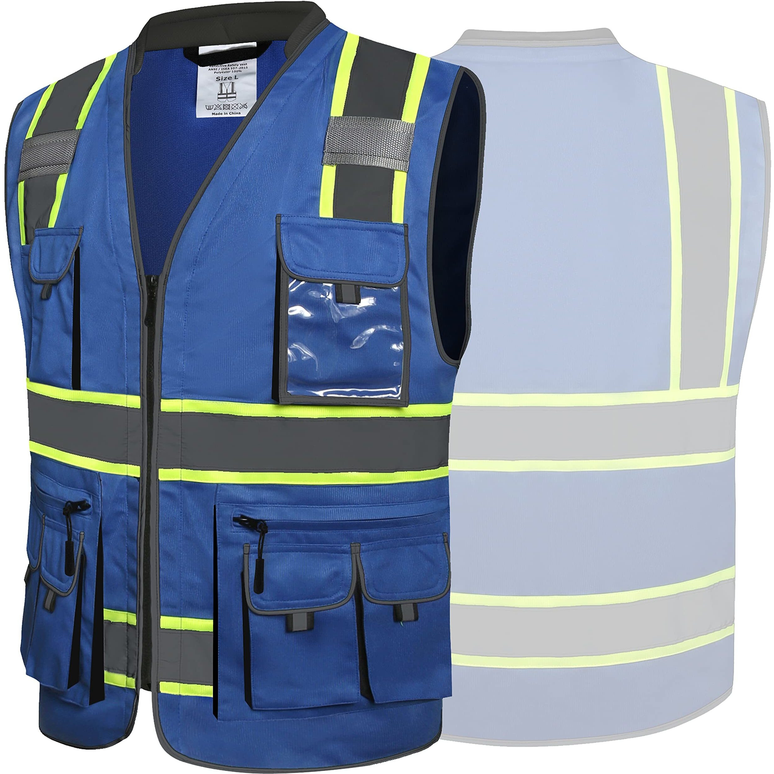 Jksafety 10 Pockets Hi-Vis Zipper Front Fluorescent Blue Safety Vest | Cushioned Collar | High Reflective Tapes With Extended Neon Yellow Strips | Meets Ansi/Isea Standards (Large  89-Blue)