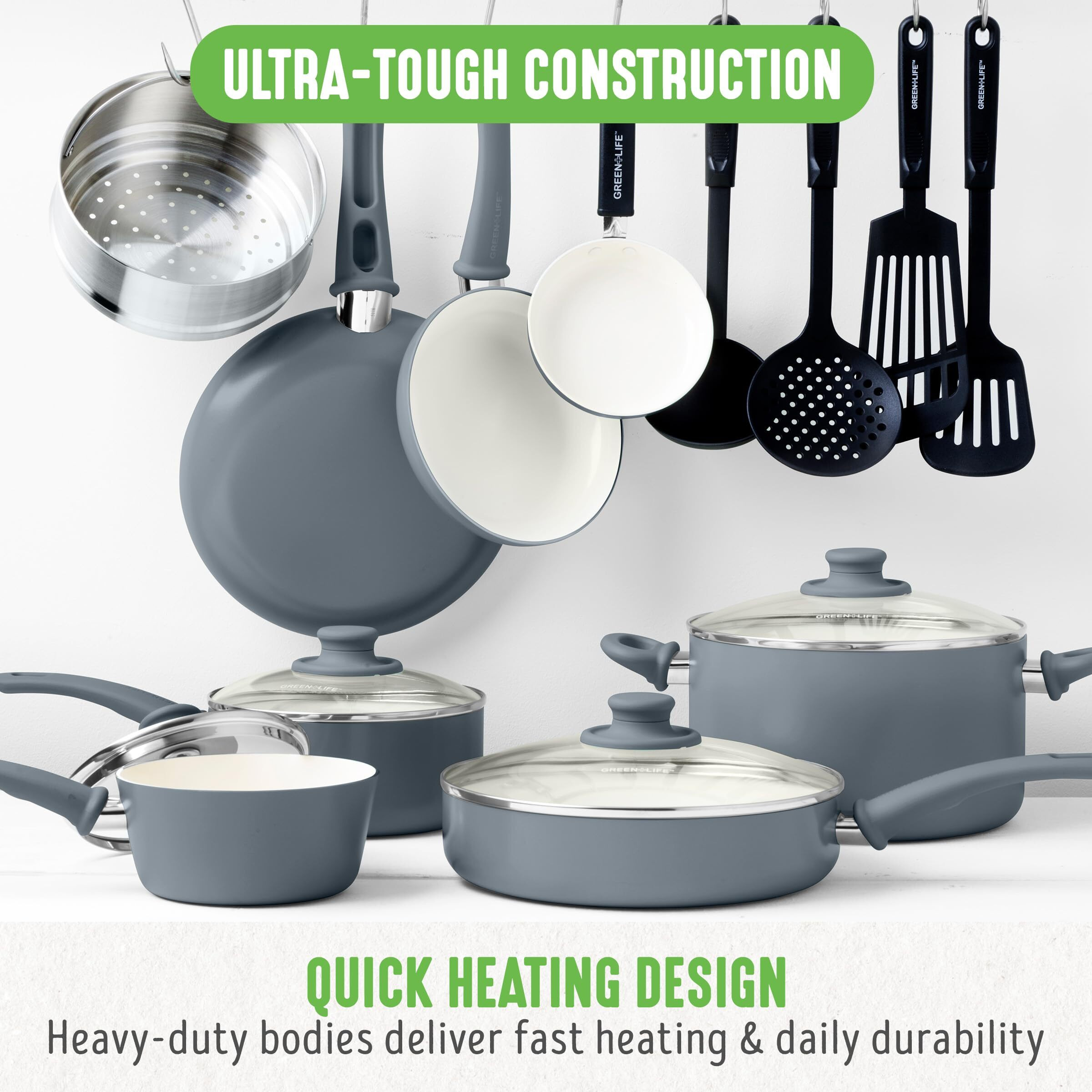 Greenlife Soft Grip 16 Piece Cookware Set  Non-Toxic Pfas-Free Ceramic Nonstick  Frying  Sauce  Saute  Utensils  Glass Lids  Stay-Cool Handles  Wobble Free  Dishwasher & Oven Safe  Quartz Grey