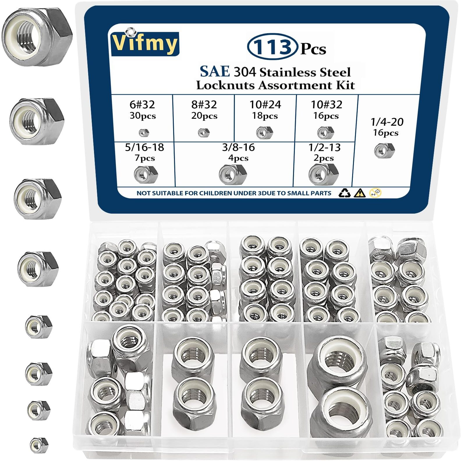 Vifmy 113Pcs Locknuts Assortment Kit  632 832 1024 1032 1/4-20 5/16-18 3/8-16 1/2-13 Sae Lock Nuts  304 Stainless Steel Nylon Insert Hex Lock Nuts  Hex Drive
