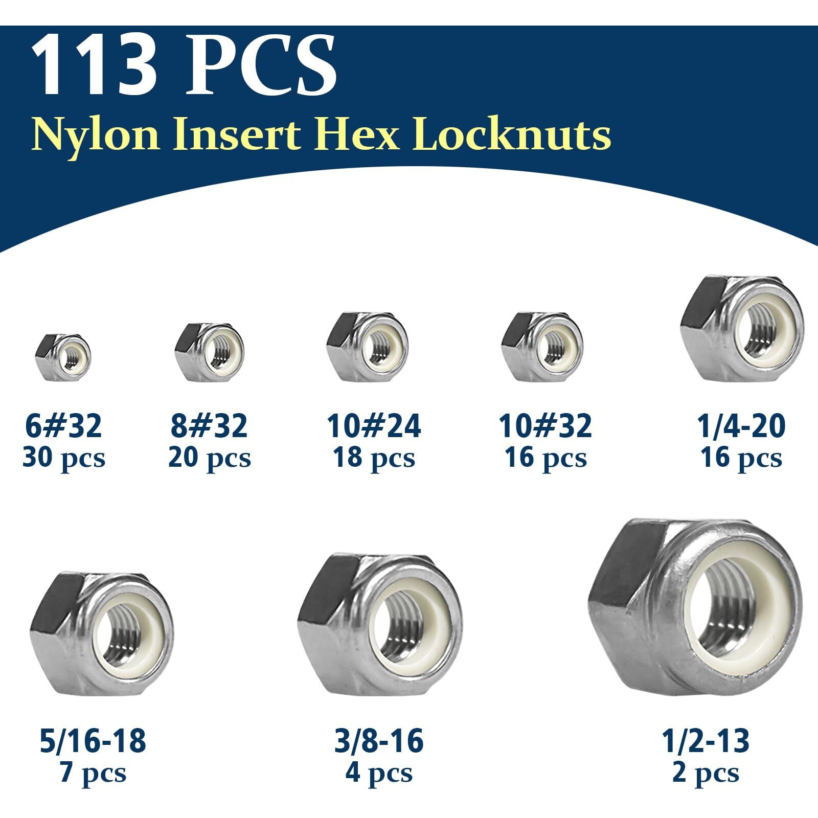 Vifmy 113Pcs Locknuts Assortment Kit  632 832 1024 1032 1/4-20 5/16-18 3/8-16 1/2-13 Sae Lock Nuts  304 Stainless Steel Nylon Insert Hex Lock Nuts  Hex Drive