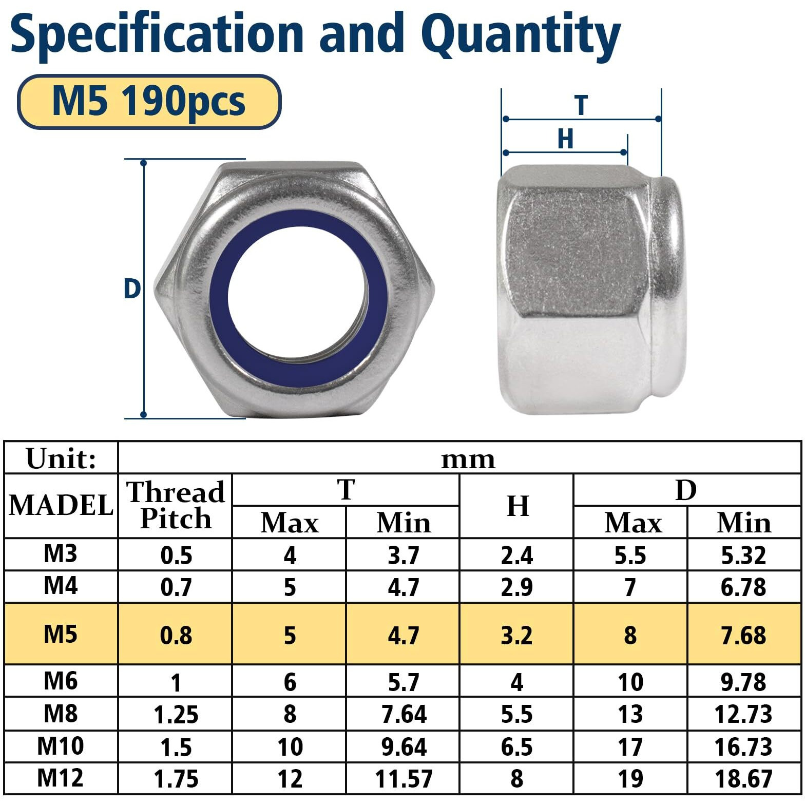 Vifmy 190 Pack M5-0.8Mm Nylon Insert Hex Lock Nuts  304 Stainless Steel A2-70 Locknuts Standard Metric Thread Nylock Nuts