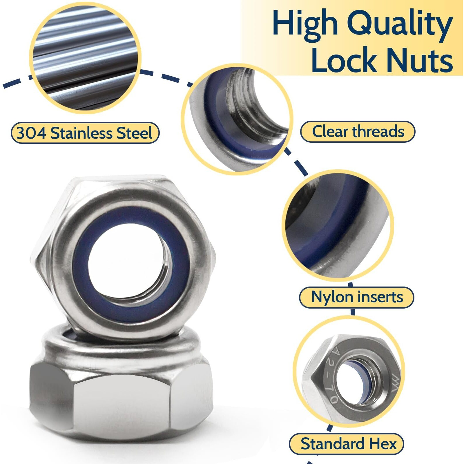Vifmy 190 Pack M5-0.8Mm Nylon Insert Hex Lock Nuts  304 Stainless Steel A2-70 Locknuts Standard Metric Thread Nylock Nuts