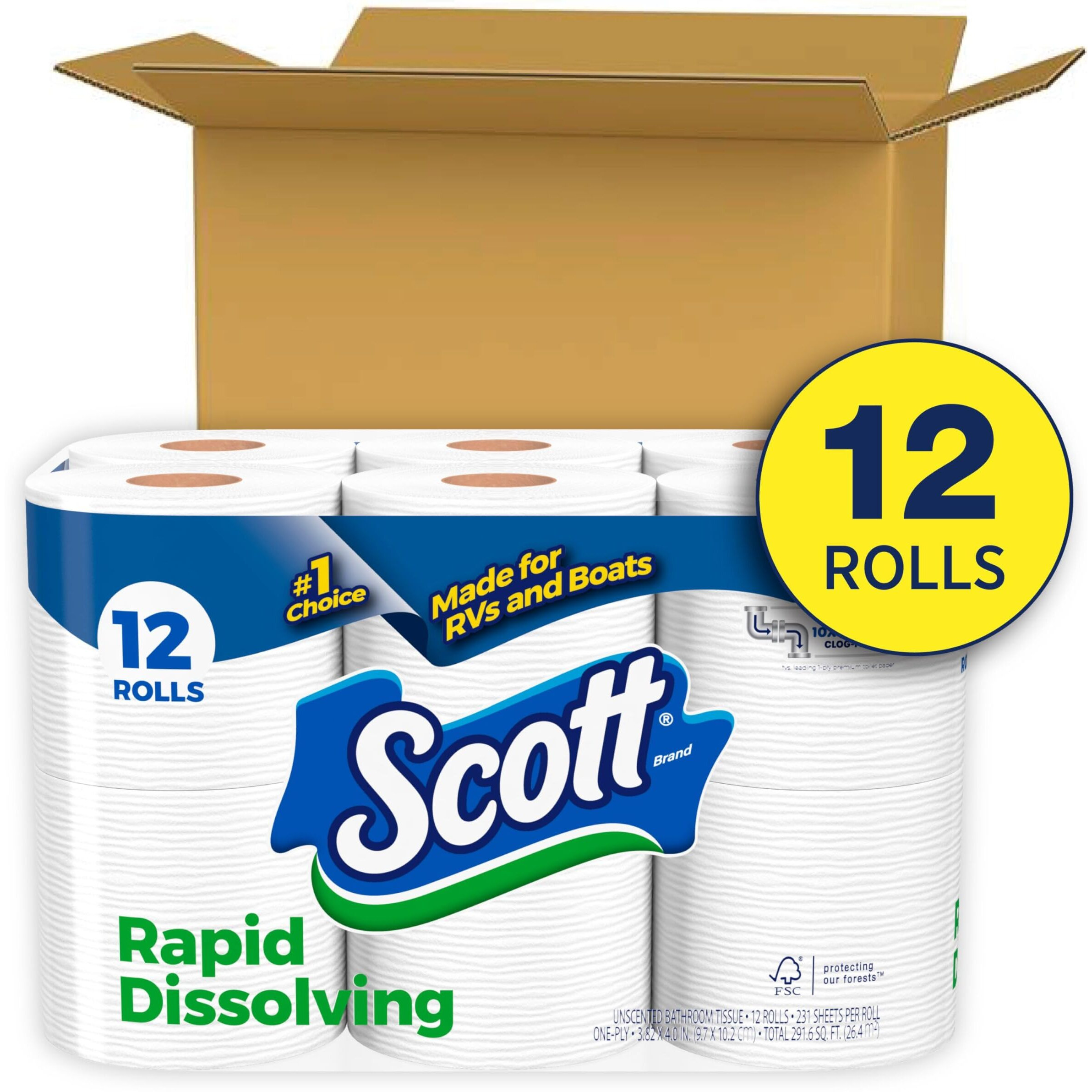 Scott Rapid-Dissolving Toilet Paper  12 Double Rolls  Sustainable  Septic-Safe  Toilet Paper