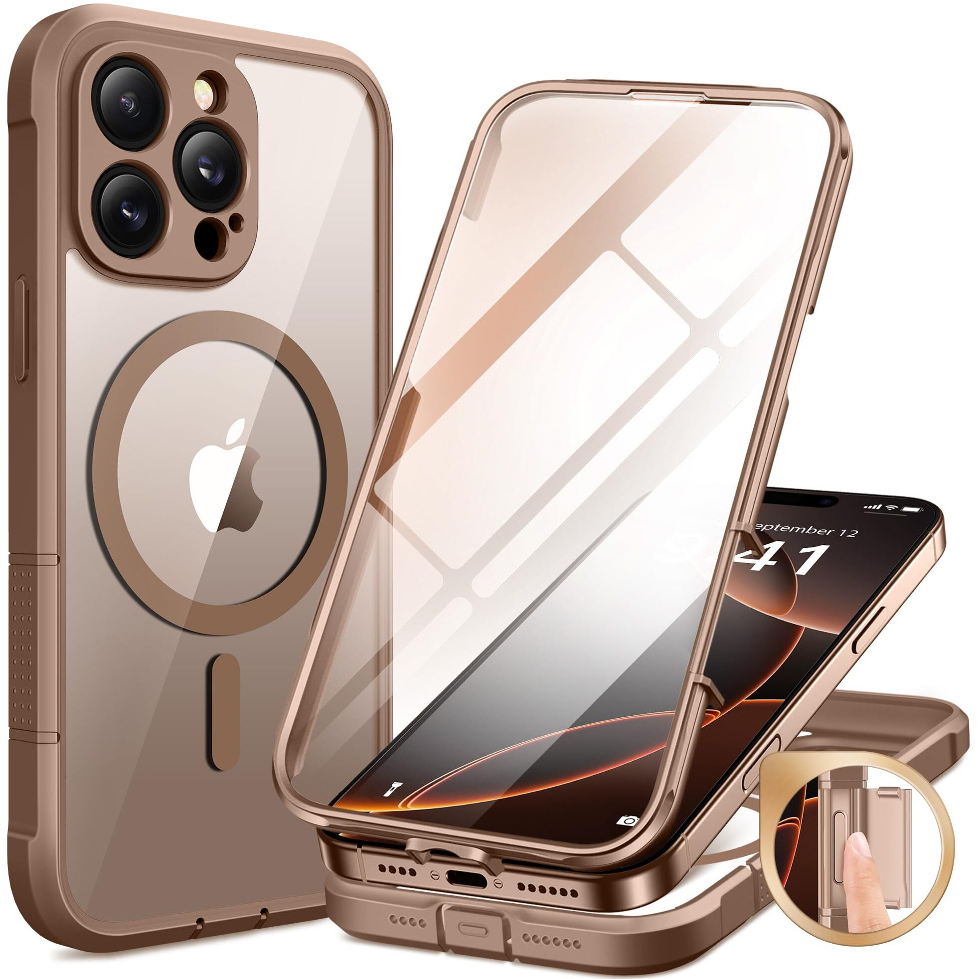 Berfy Magnetic For Iphone 16 Pro Max Case  Compatible With Magsafe  [Built-In 9H Tempered Glass Screen Protector & Upgraded Camera Protection]Full Body Shockproof Phone Case For 16 Promax Desert Brown