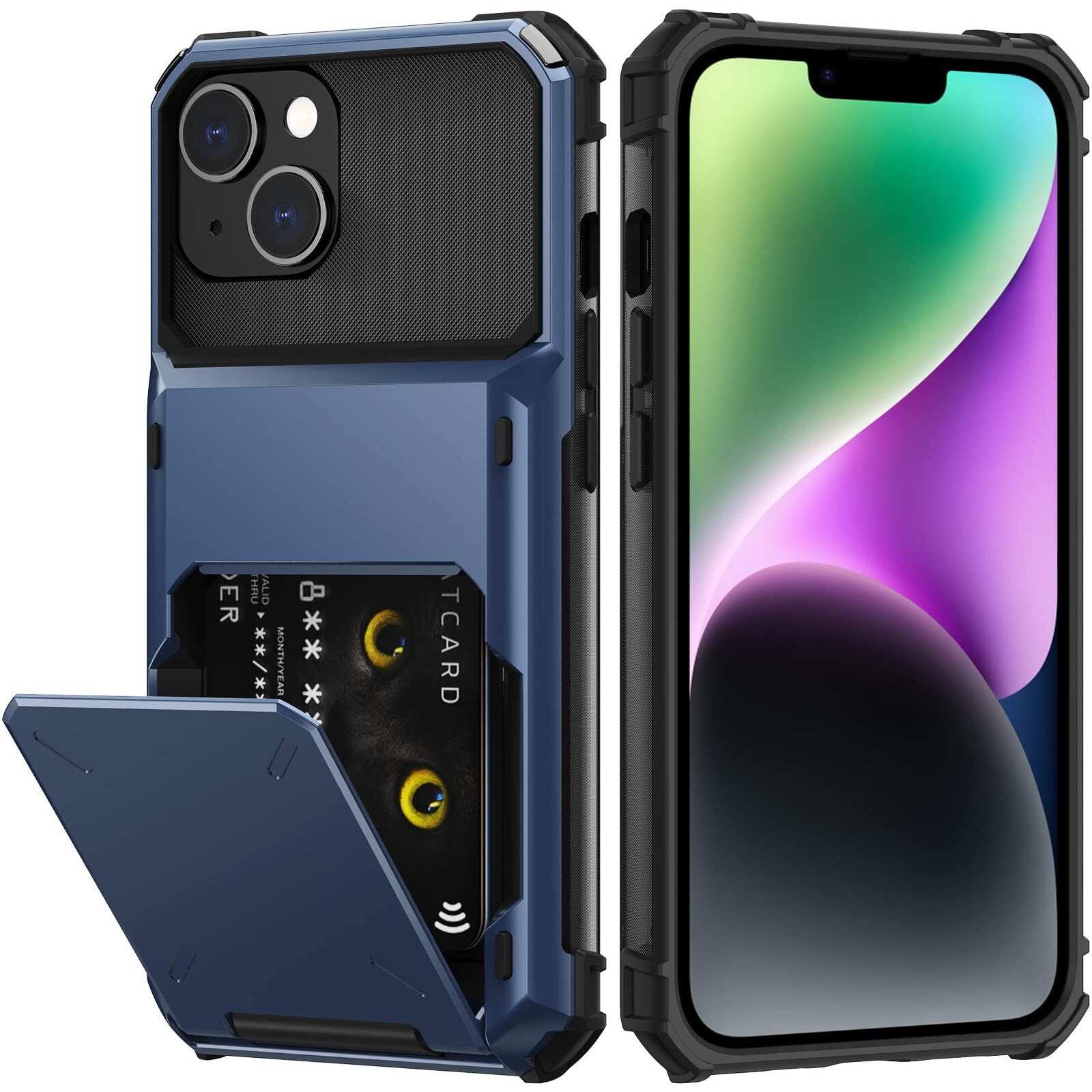 Nvollnoe For Iphone 14 Case With Card Holder[Store 5 Cards] Dual Layer Heavy Duty Shockproof Iphone 14 Wallet Case With Hidden Card Slot Large Storage Case For Iphone 14(Blue)
