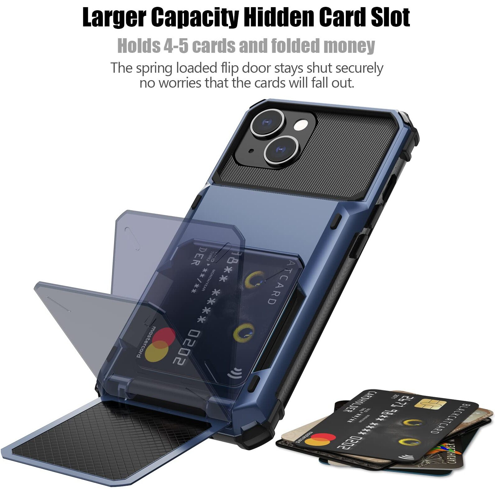 Nvollnoe For Iphone 14 Case With Card Holder[Store 5 Cards] Dual Layer Heavy Duty Shockproof Iphone 14 Wallet Case With Hidden Card Slot Large Storage Case For Iphone 14(Blue)