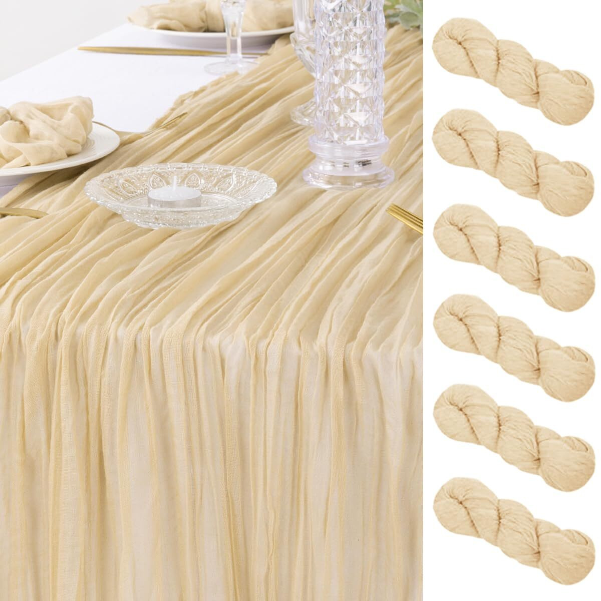 Dezerlor 6 Pack Christmas Table Runner Champagne Cheesecloth Table Runner Boho Gauze Table Runner 120 Inches Long Winter Table Decor For Wedding Baby Shower Xmas Party Decorations