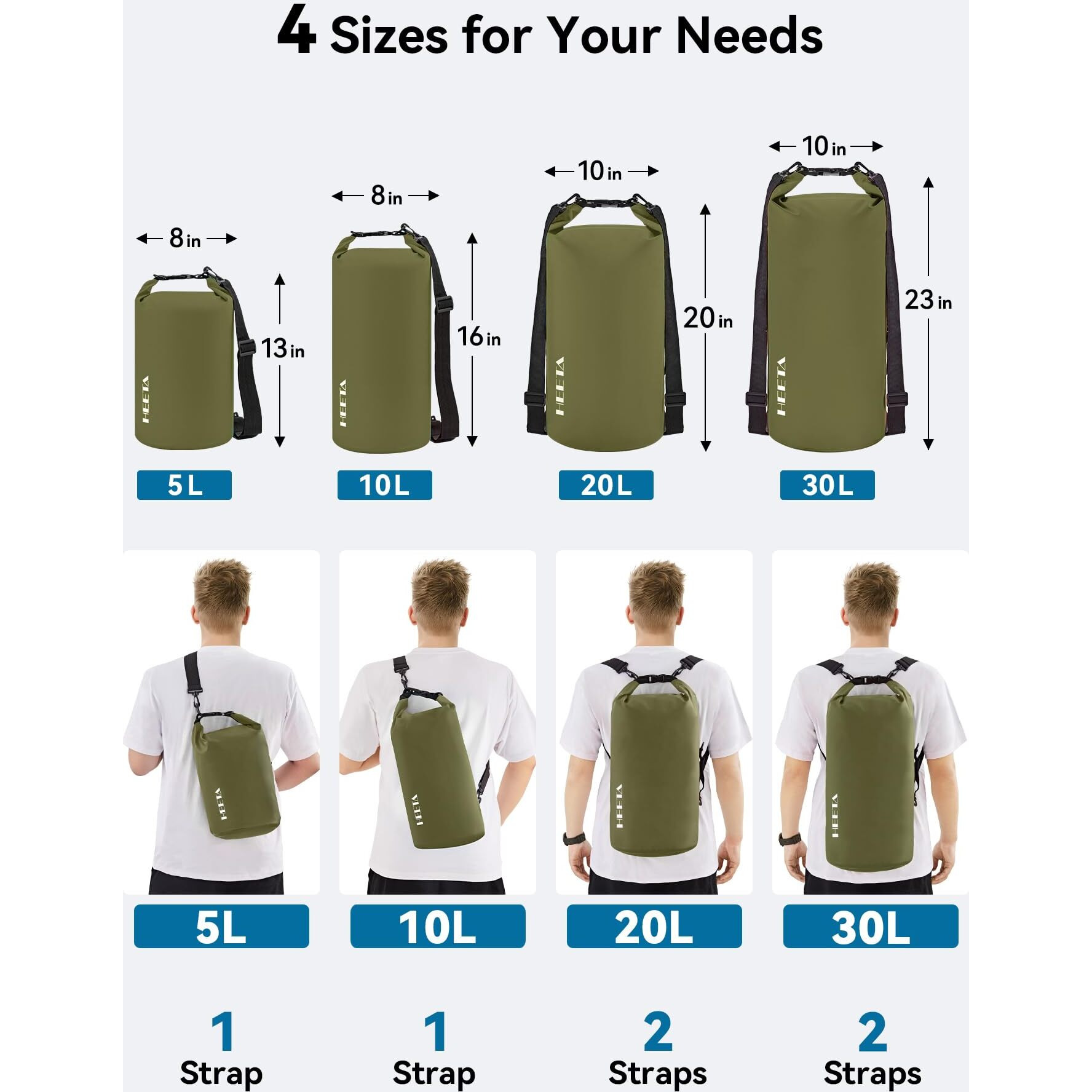 Heeta Waterproof Dry Bag For Women Men (Upgraded Version)  Roll Top Lightweight Dry Storage Bag Backpack With Emergency Whistle For Travel  Boating  Kayaking  Camping  Beach (Dark Green  20L)